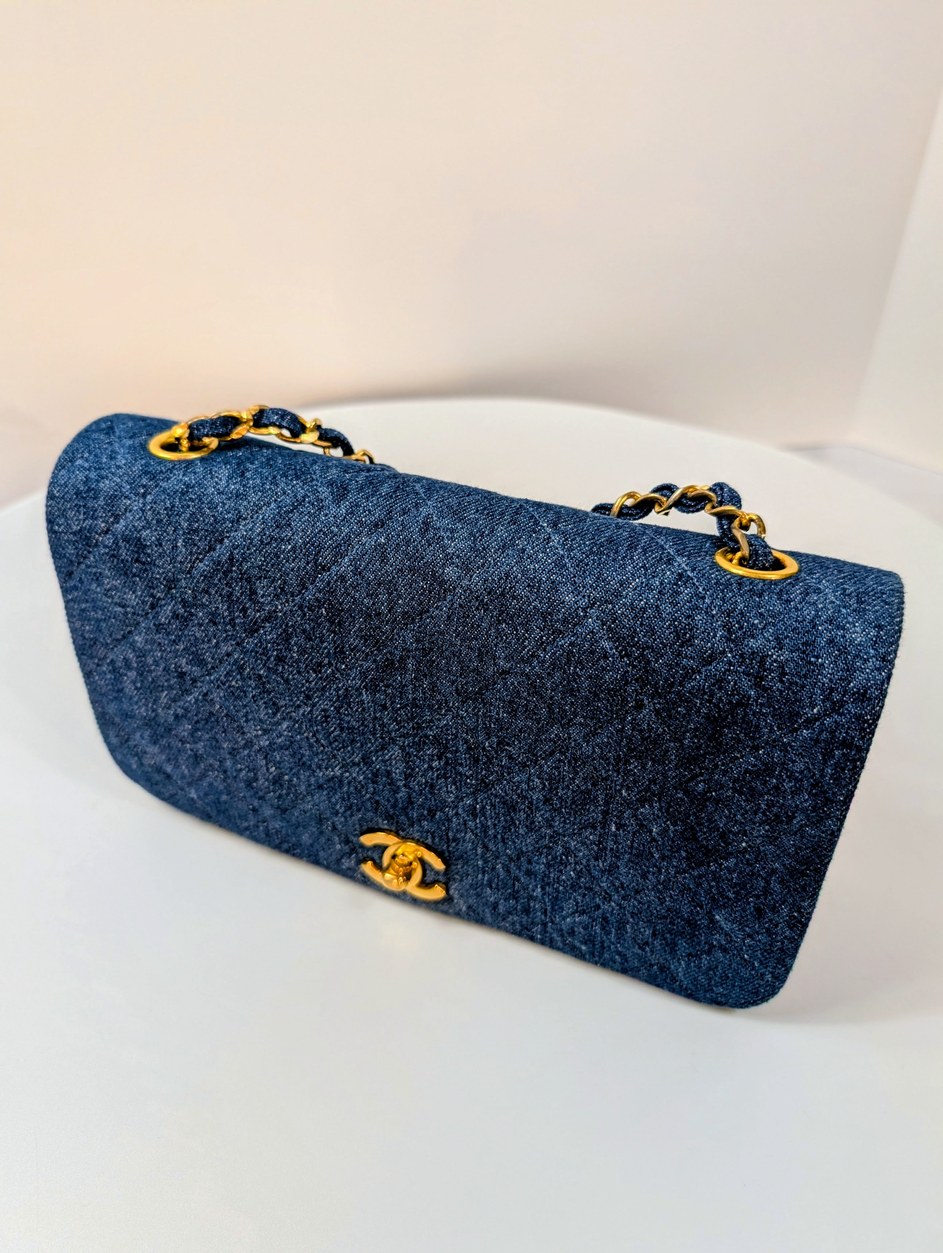 Chanel Vintage Classic Blue Denim Quilted Medium Full Flap Bag