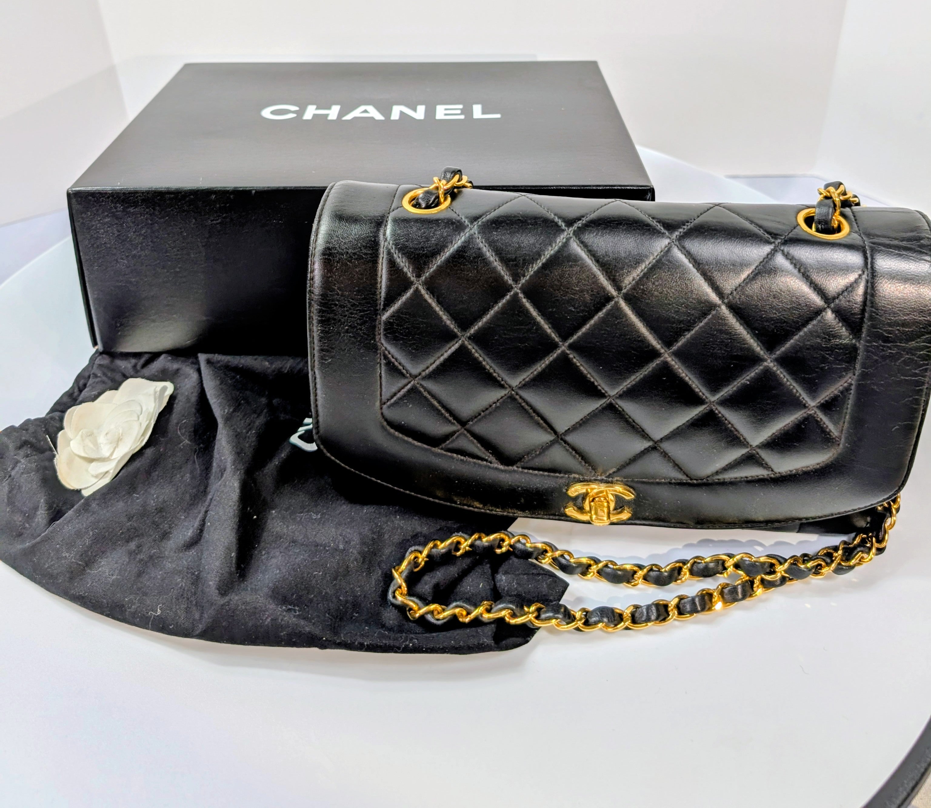 Chanel Vintage 3-Series Black Quilted Lambskin Diana Single Flap Bag