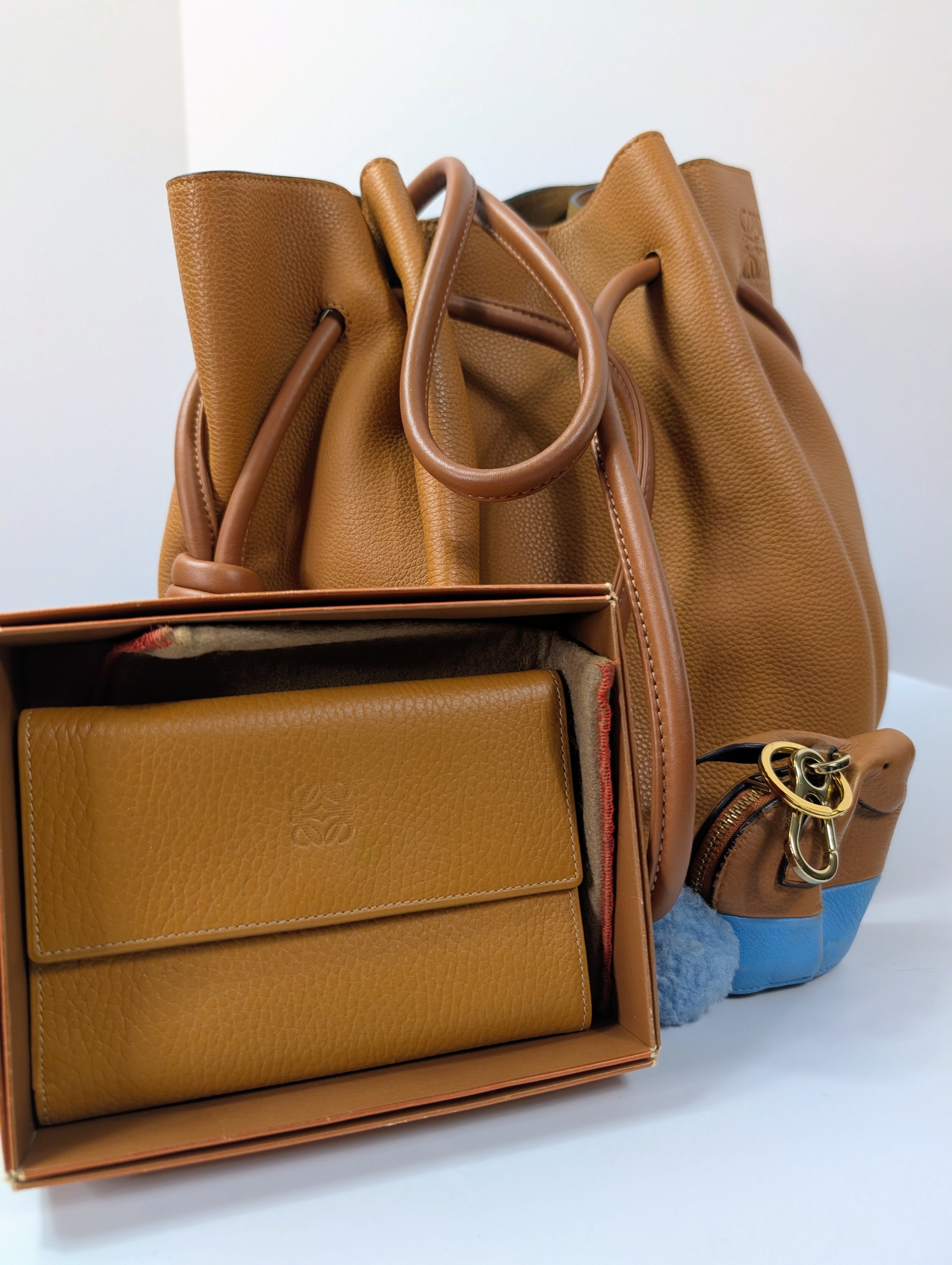 Loewe Camel Brown Grained Leather Flamenco Knot Drawstring Bag