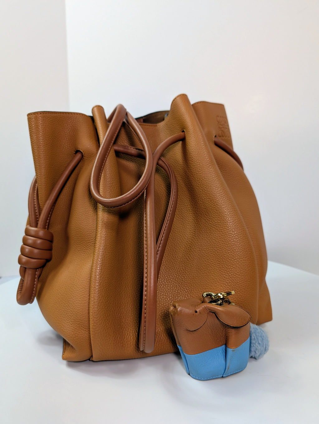 Loewe Camel Brown Grained Leather Flamenco Knot Drawstring Bag