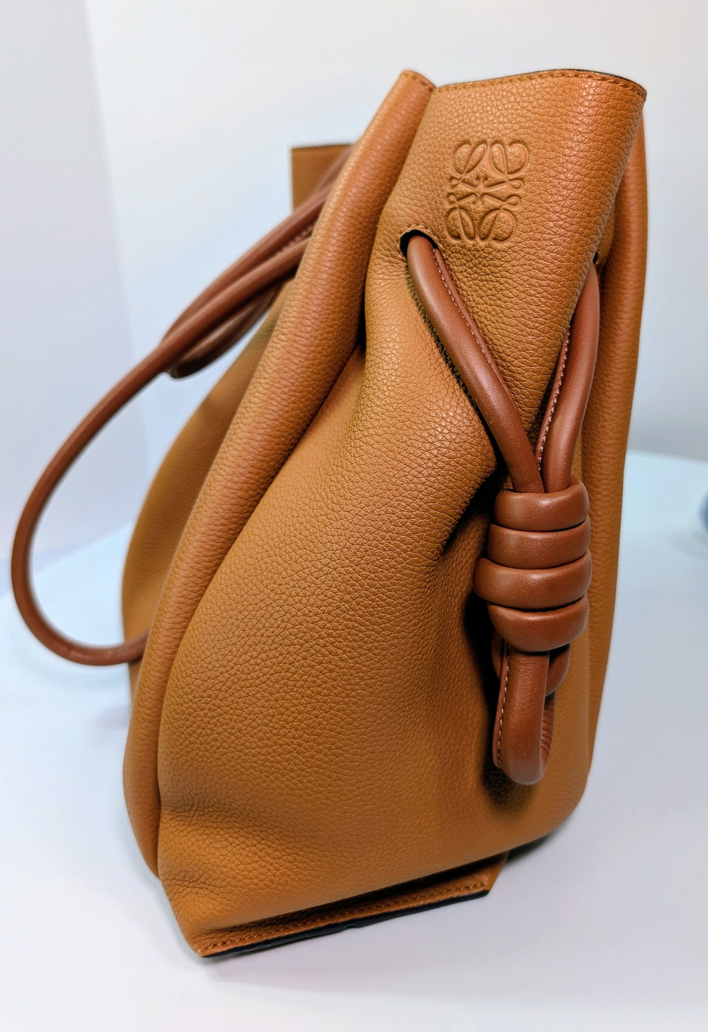 Loewe Camel Brown Grained Leather Flamenco Knot Drawstring Bag