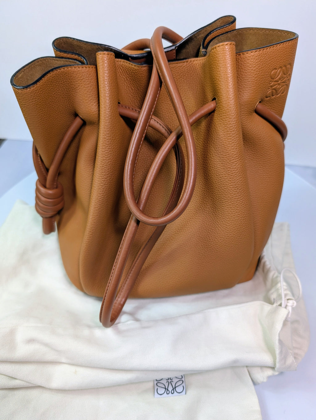 Loewe Camel Brown Grained Leather Flamenco Knot Drawstring Bag