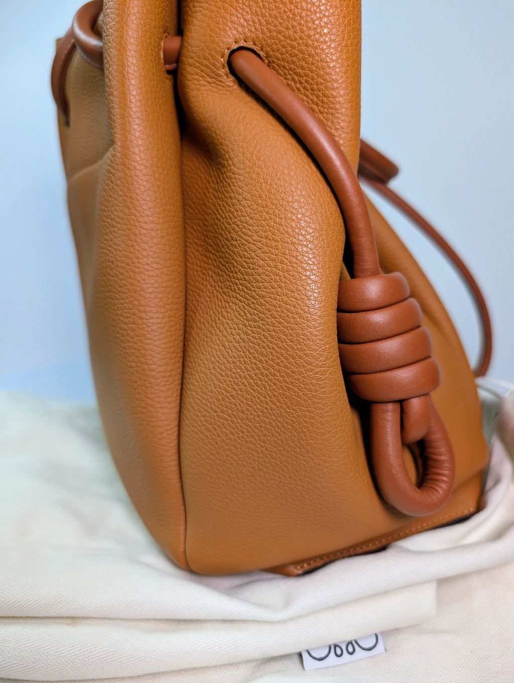 Loewe Camel Brown Grained Leather Flamenco Knot Drawstring Bag