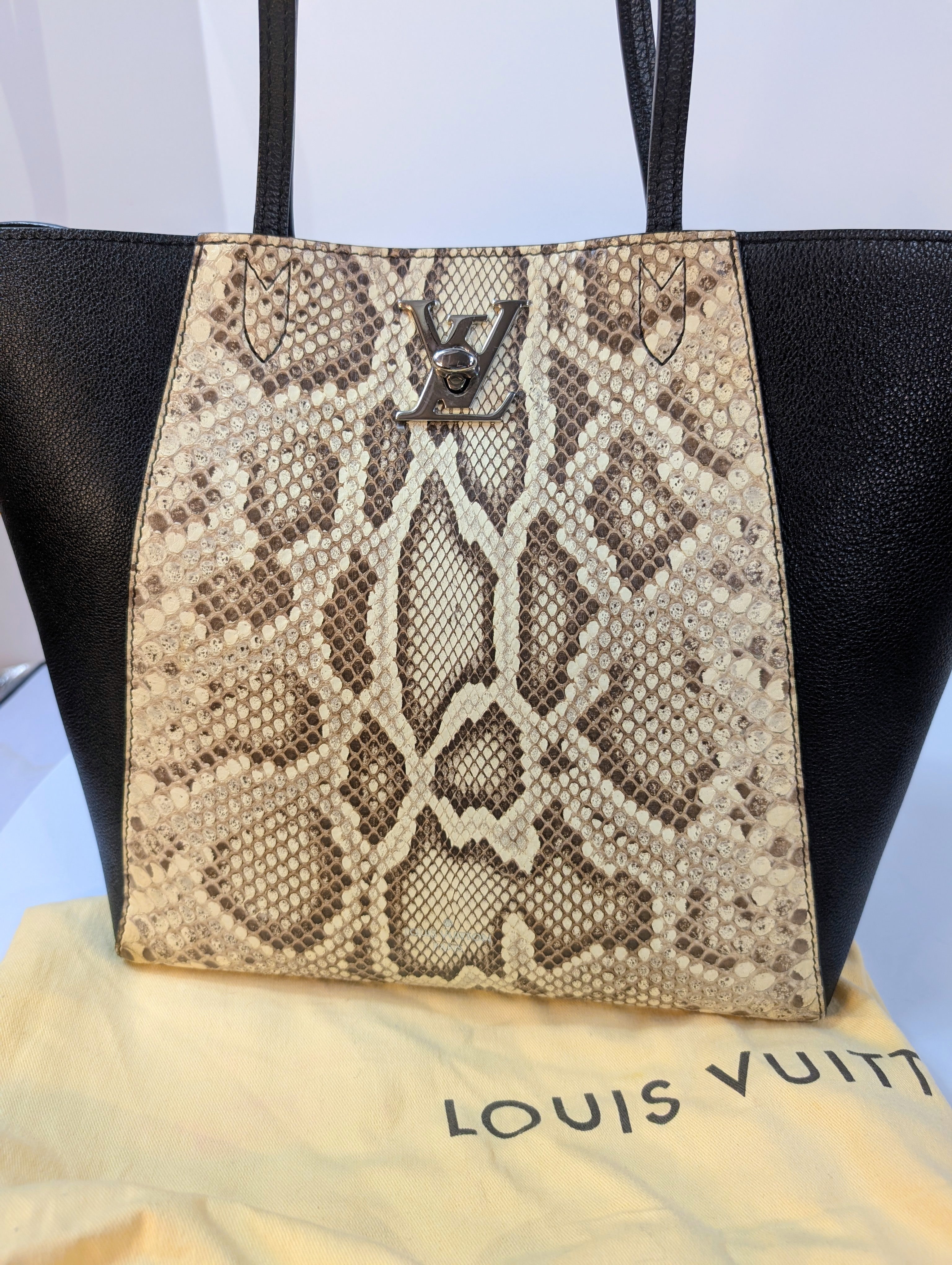 Louis Vuitton Black Grained Leather and Python Lockme Cabas Tote Bag