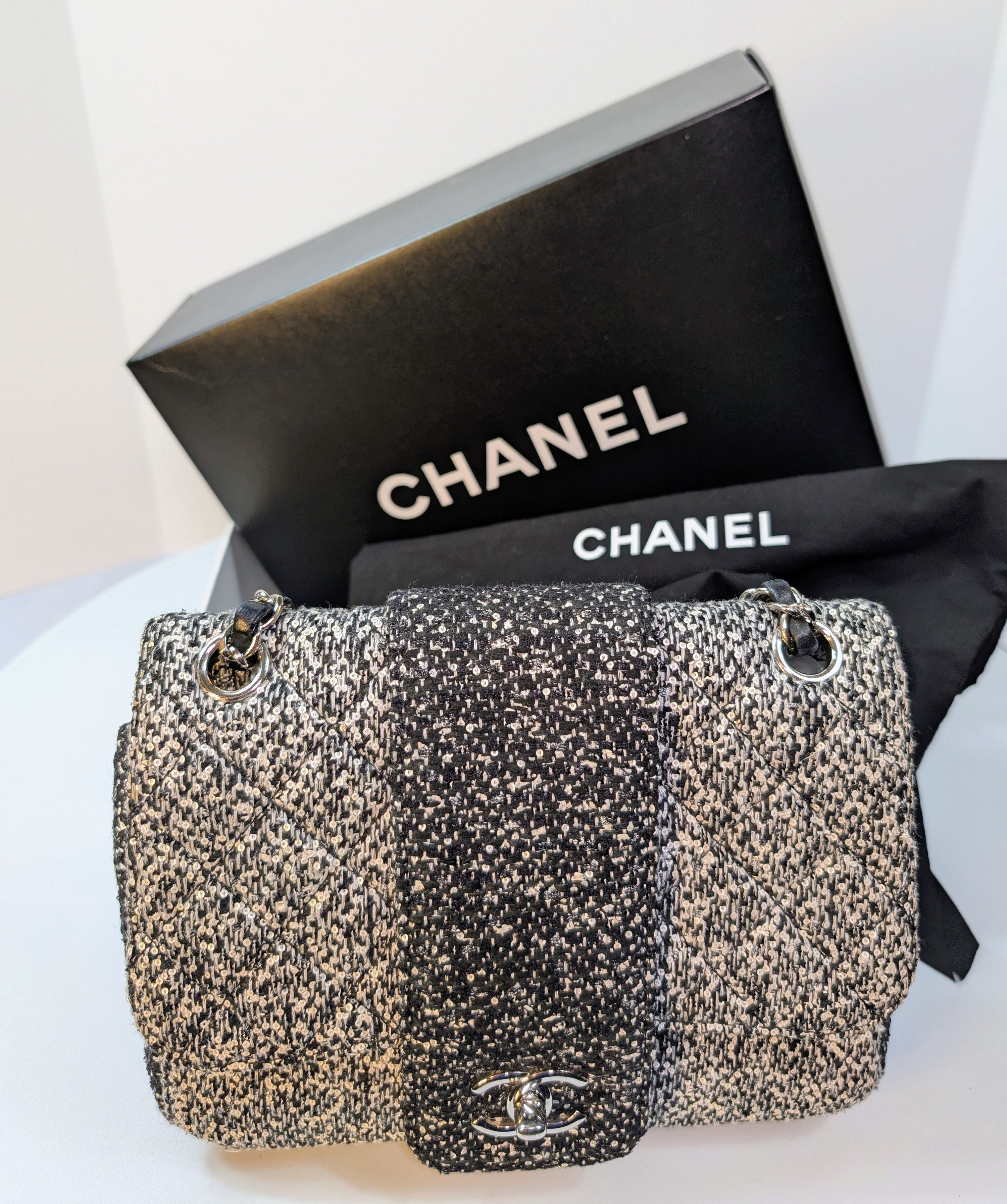 Chanel Classic Black and White Tweed Sequined Elementary Chic Flap Bag