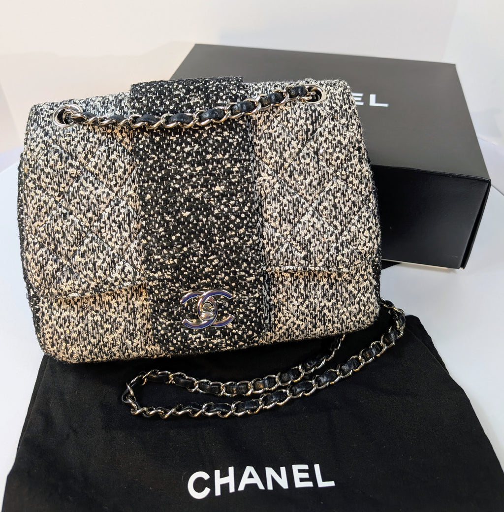 Chanel Classic Black and White Tweed Sequined Elementary Chic Flap Bag