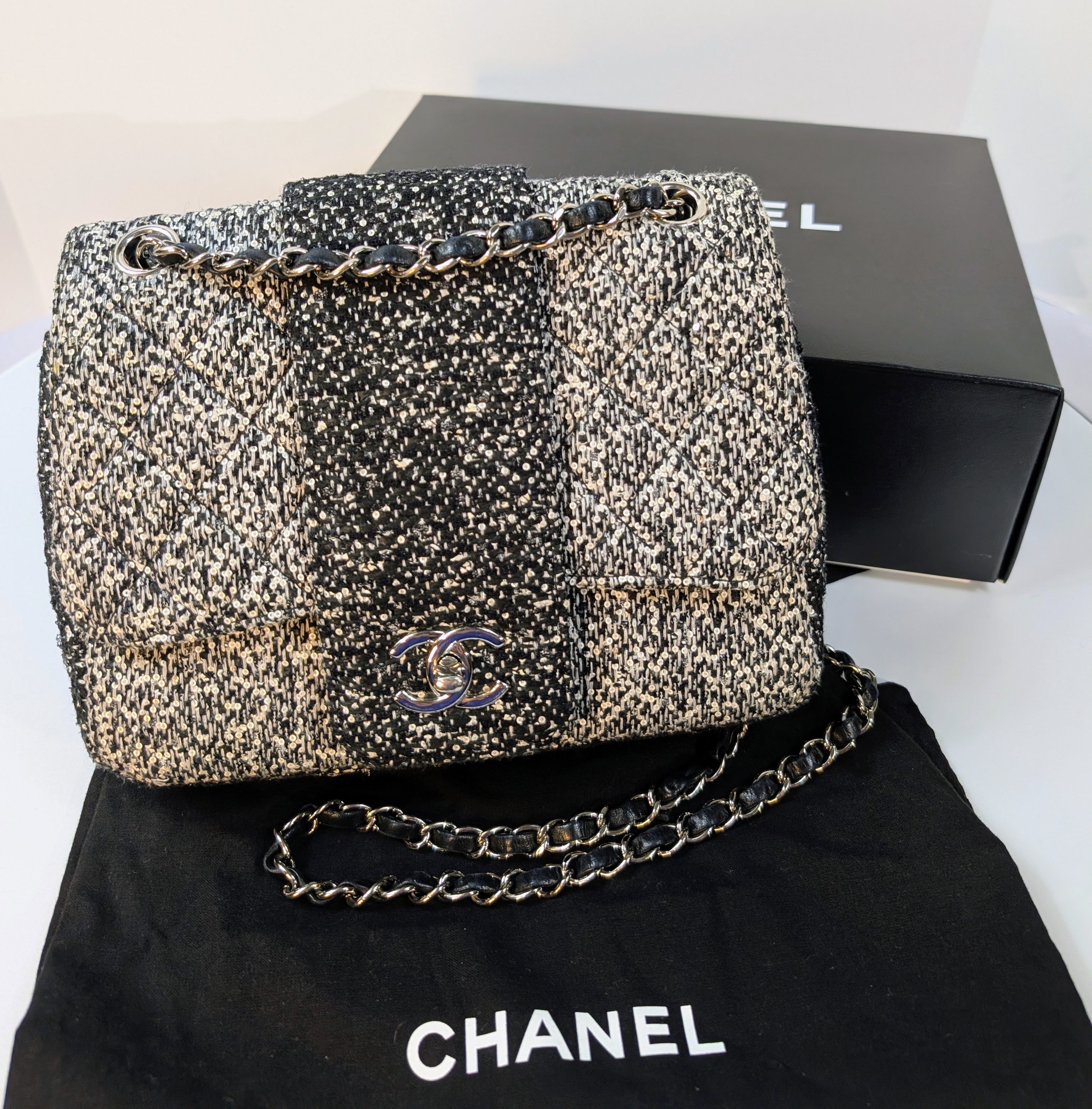 Chanel Classic Black and White Tweed Sequined Elementary Chic Flap Bag