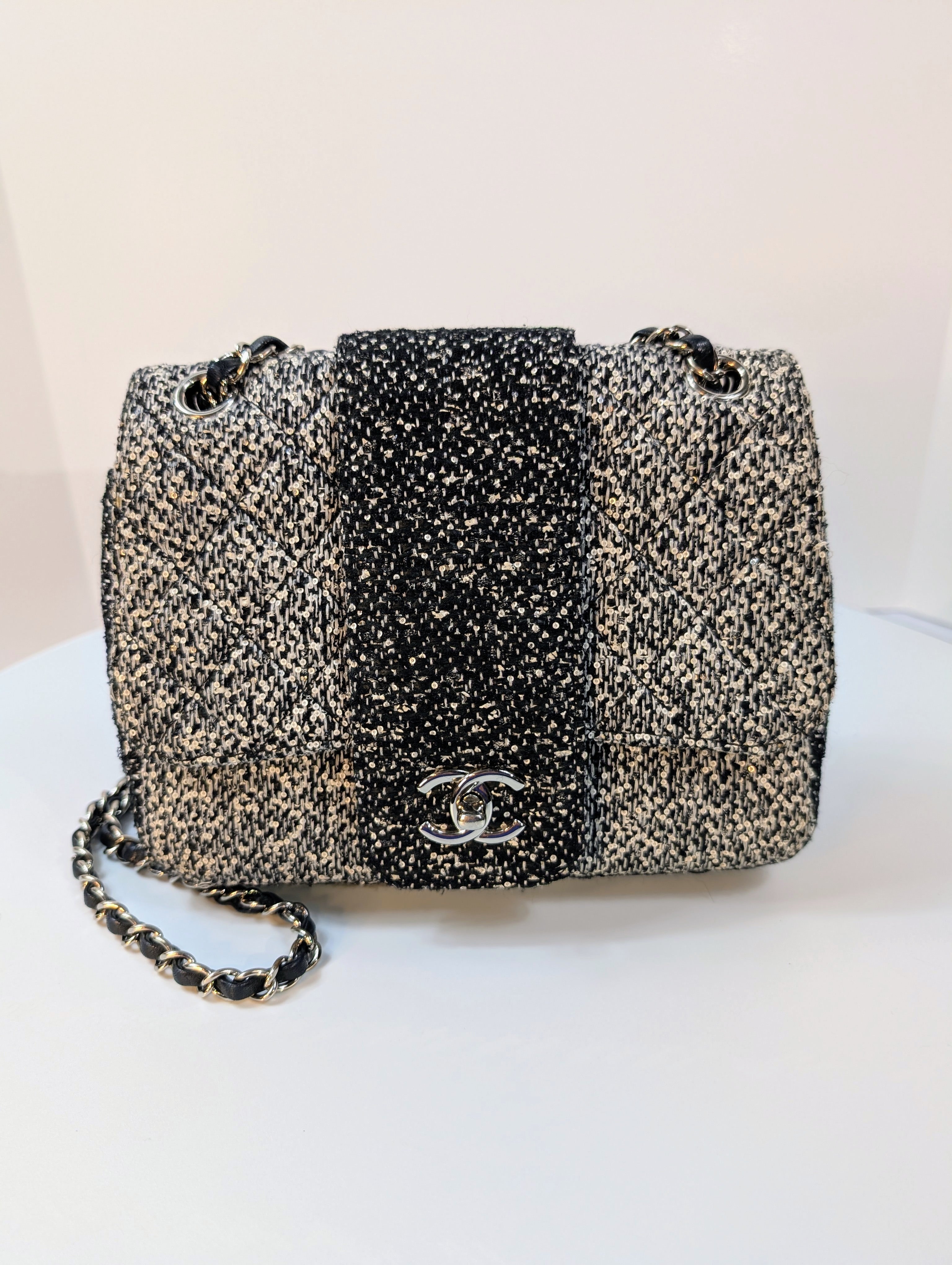 Chanel Classic Black and White Tweed Sequined Elementary Chic Flap Bag