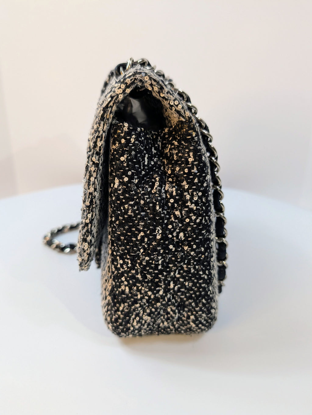 Chanel Classic Black and White Tweed Sequined Elementary Chic Flap Bag