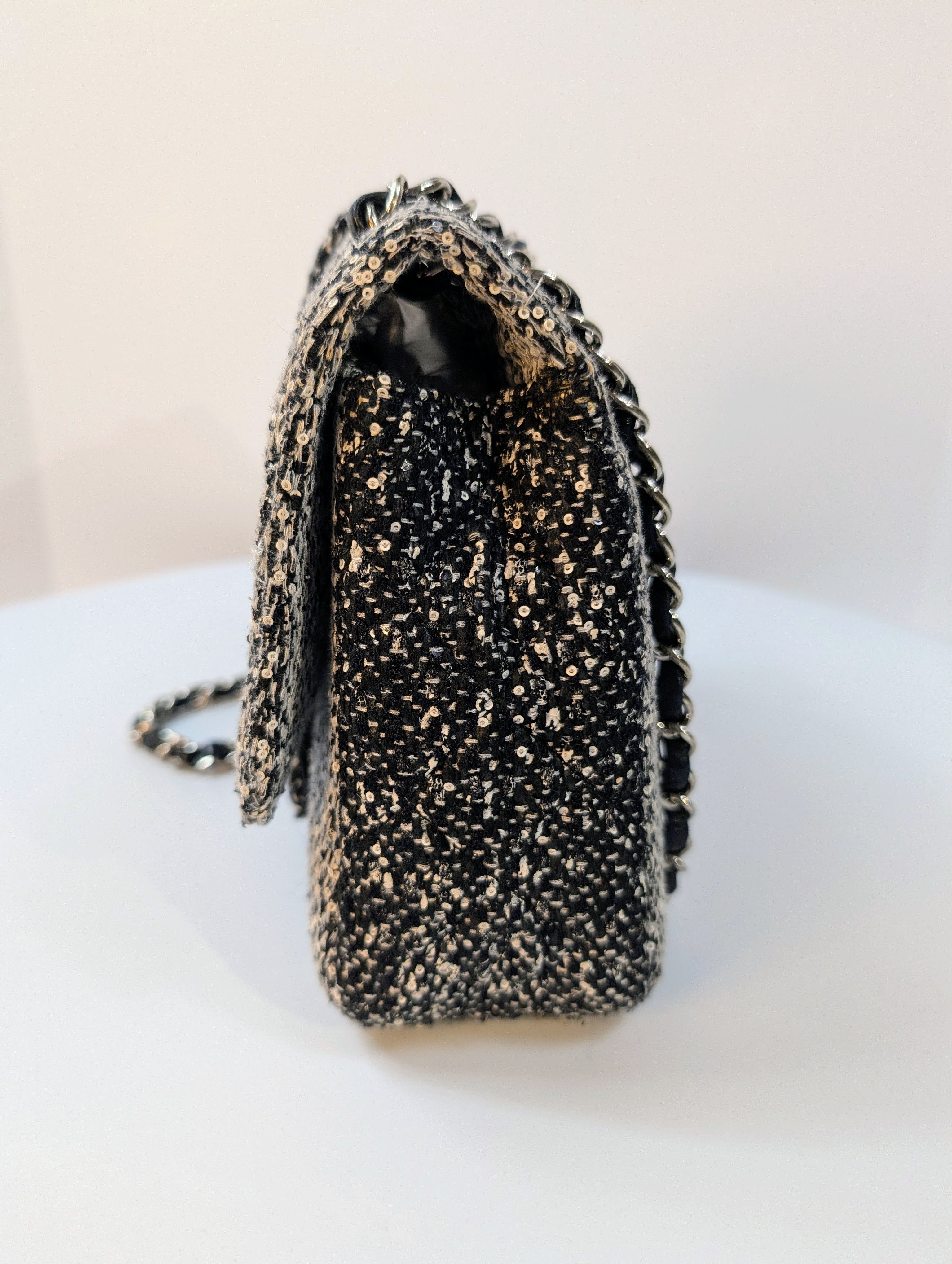 Chanel Classic Black and White Tweed Sequined Elementary Chic Flap Bag