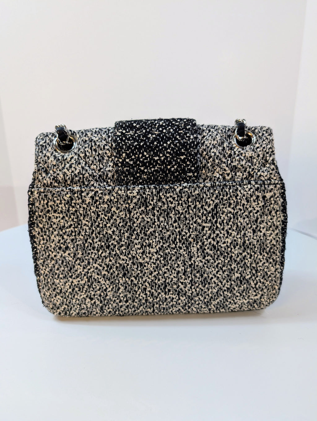 Chanel Classic Black and White Tweed Sequined Elementary Chic Flap Bag