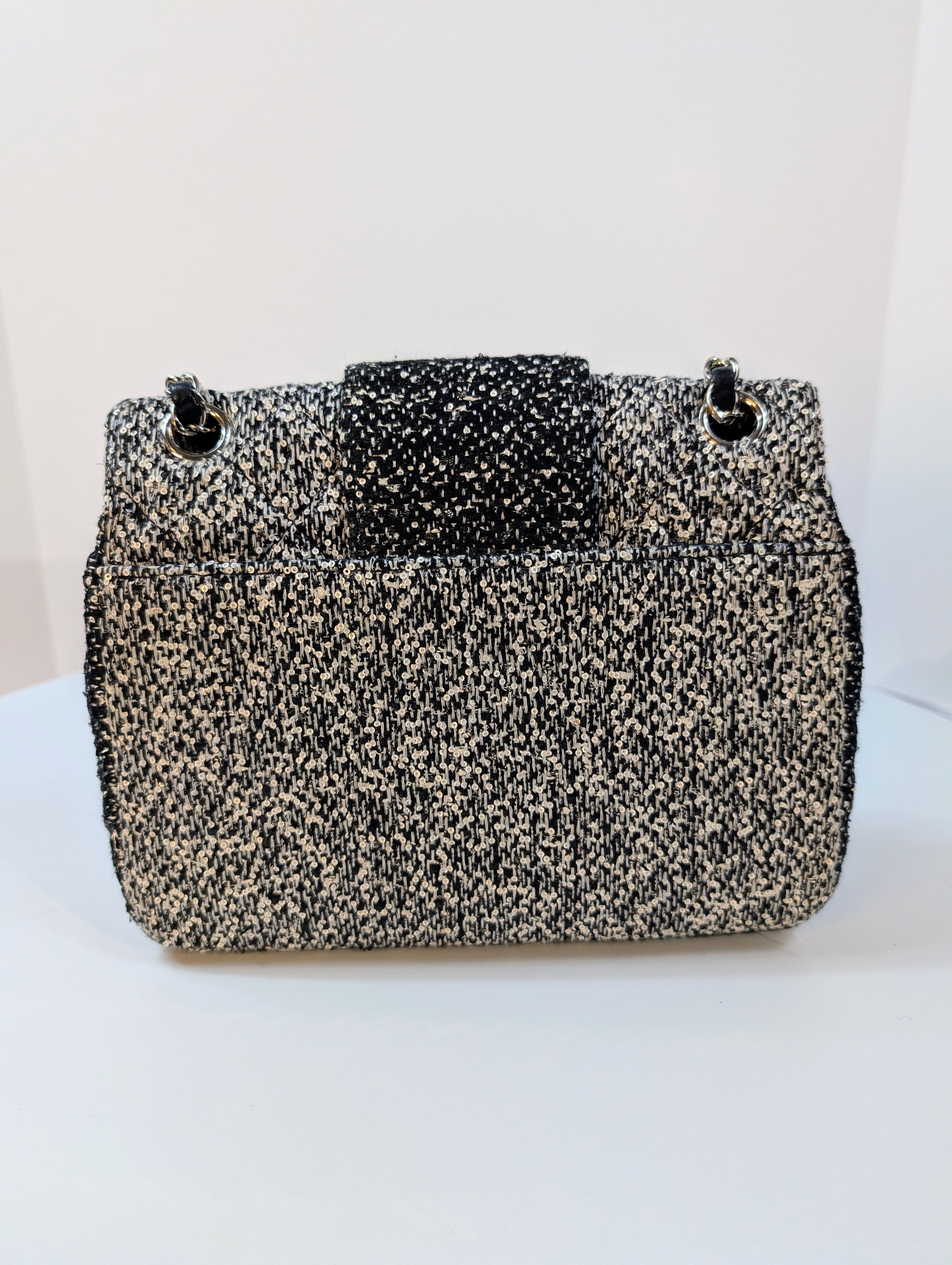 Chanel Classic Black and White Tweed Sequined Elementary Chic Flap Bag