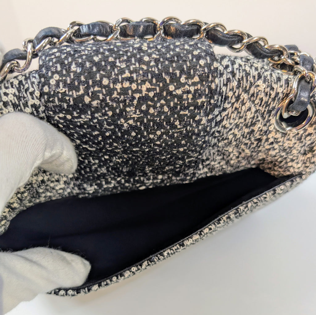 Chanel Classic Black and White Tweed Sequined Elementary Chic Flap Bag