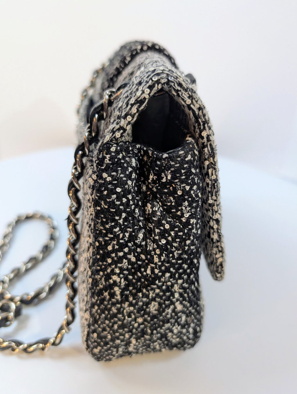 Chanel Classic Black and White Tweed Sequined Elementary Chic Flap Bag