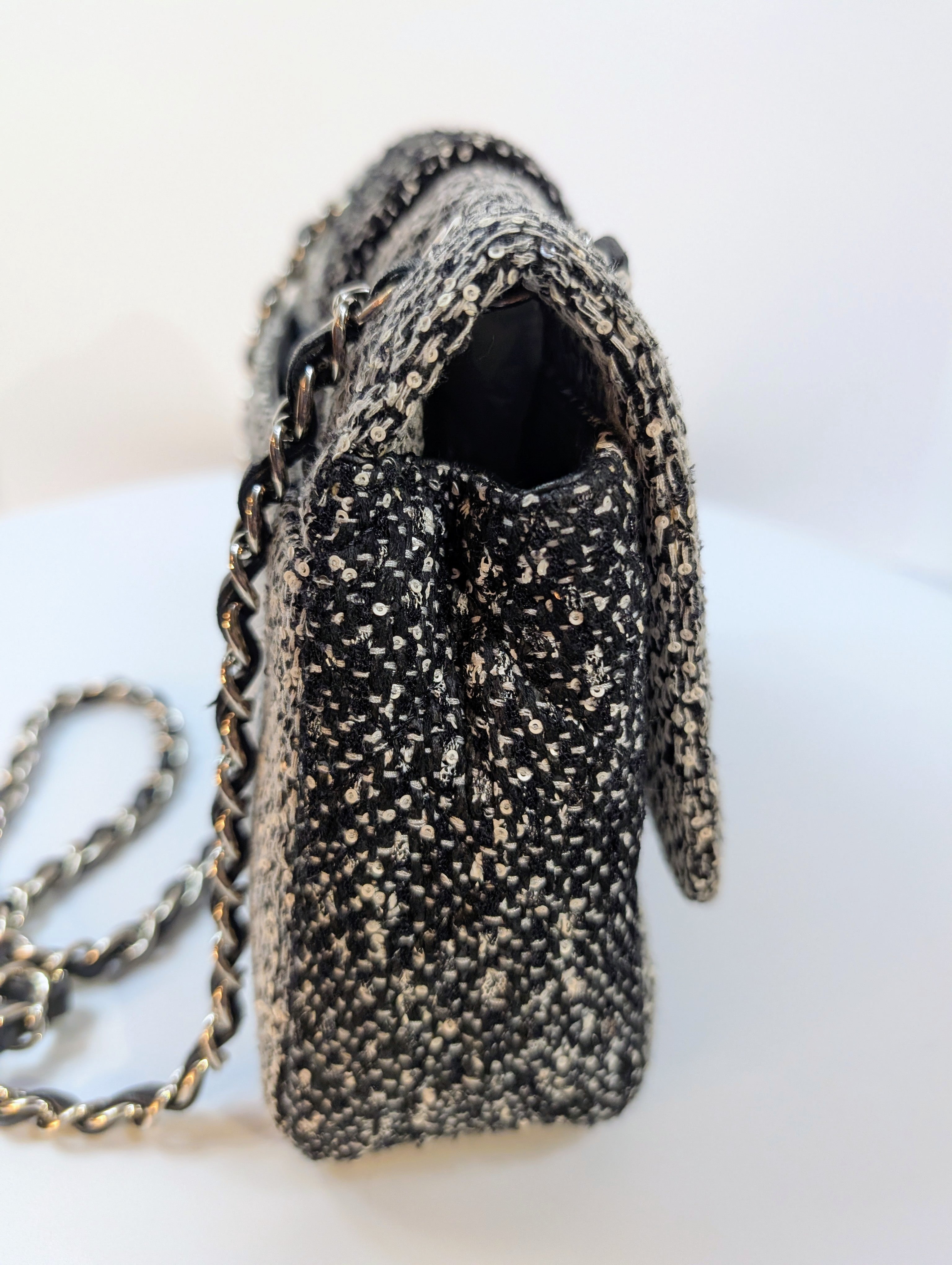 Chanel Classic Black and White Tweed Sequined Elementary Chic Flap Bag