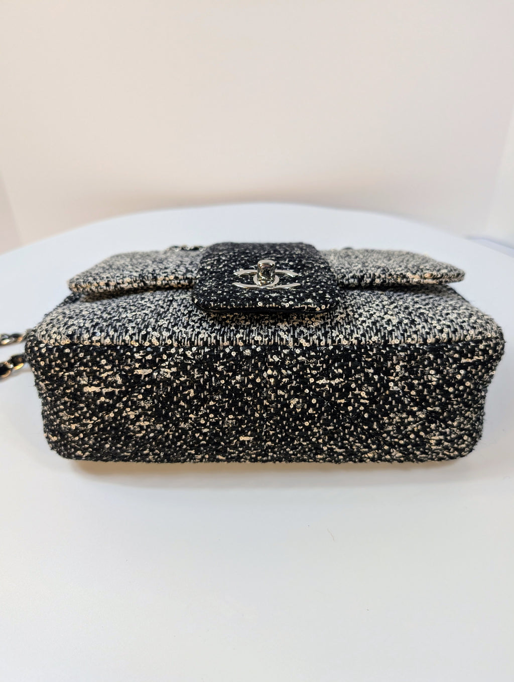 Chanel Classic Black and White Tweed Sequined Elementary Chic Flap Bag