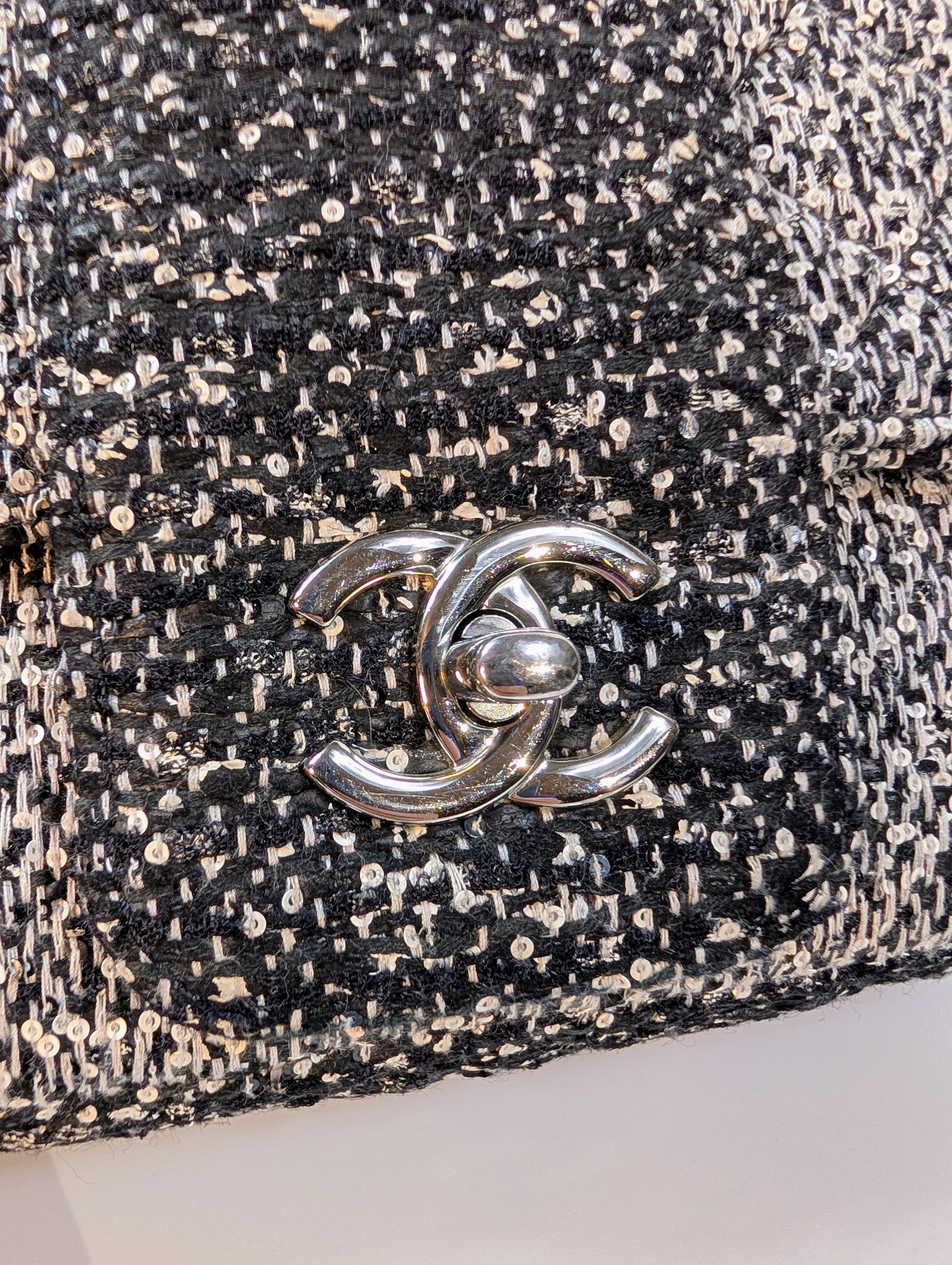 Chanel Classic Black and White Tweed Sequined Elementary Chic Flap Bag