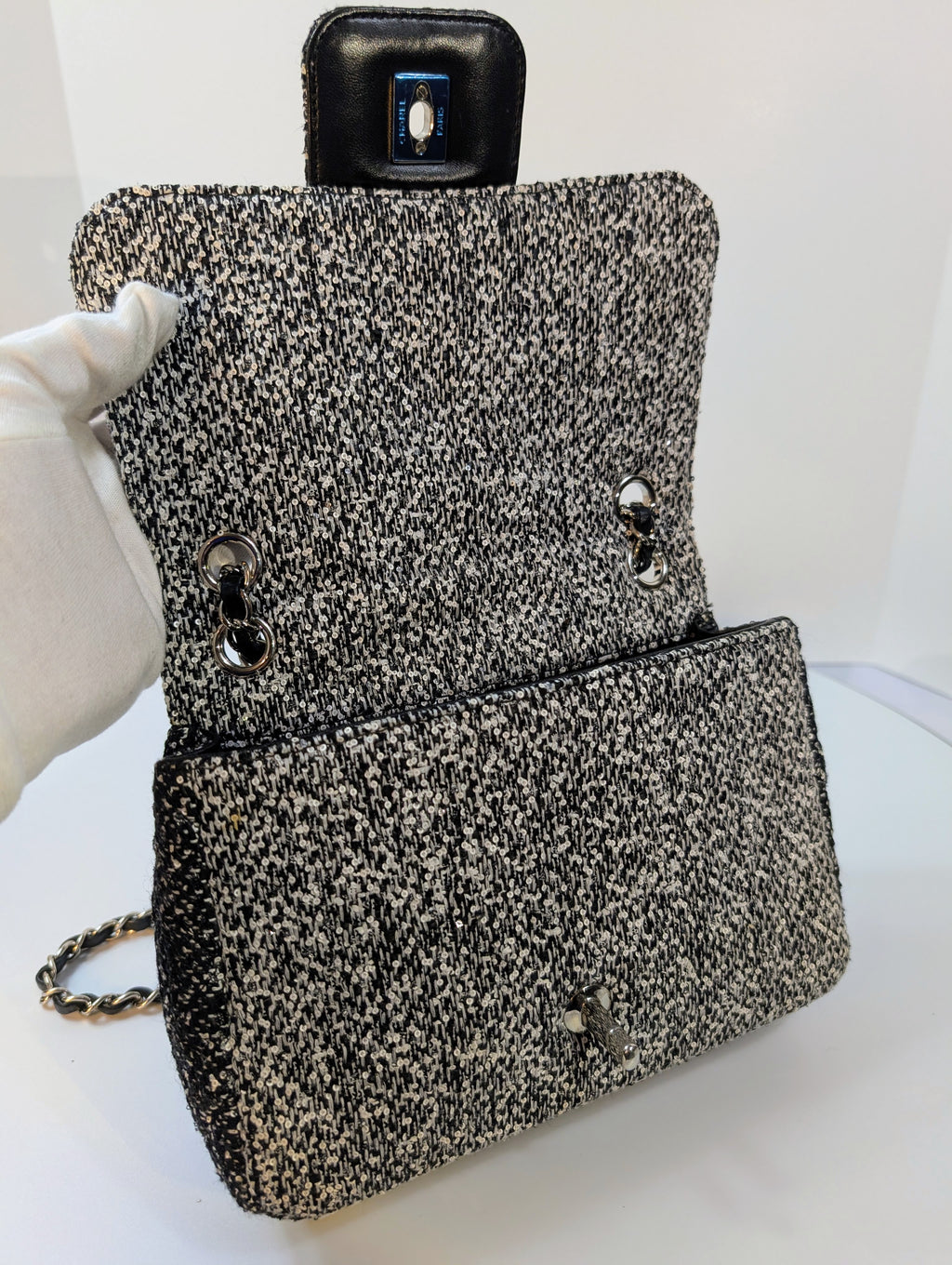 Chanel Classic Black and White Tweed Sequined Elementary Chic Flap Bag