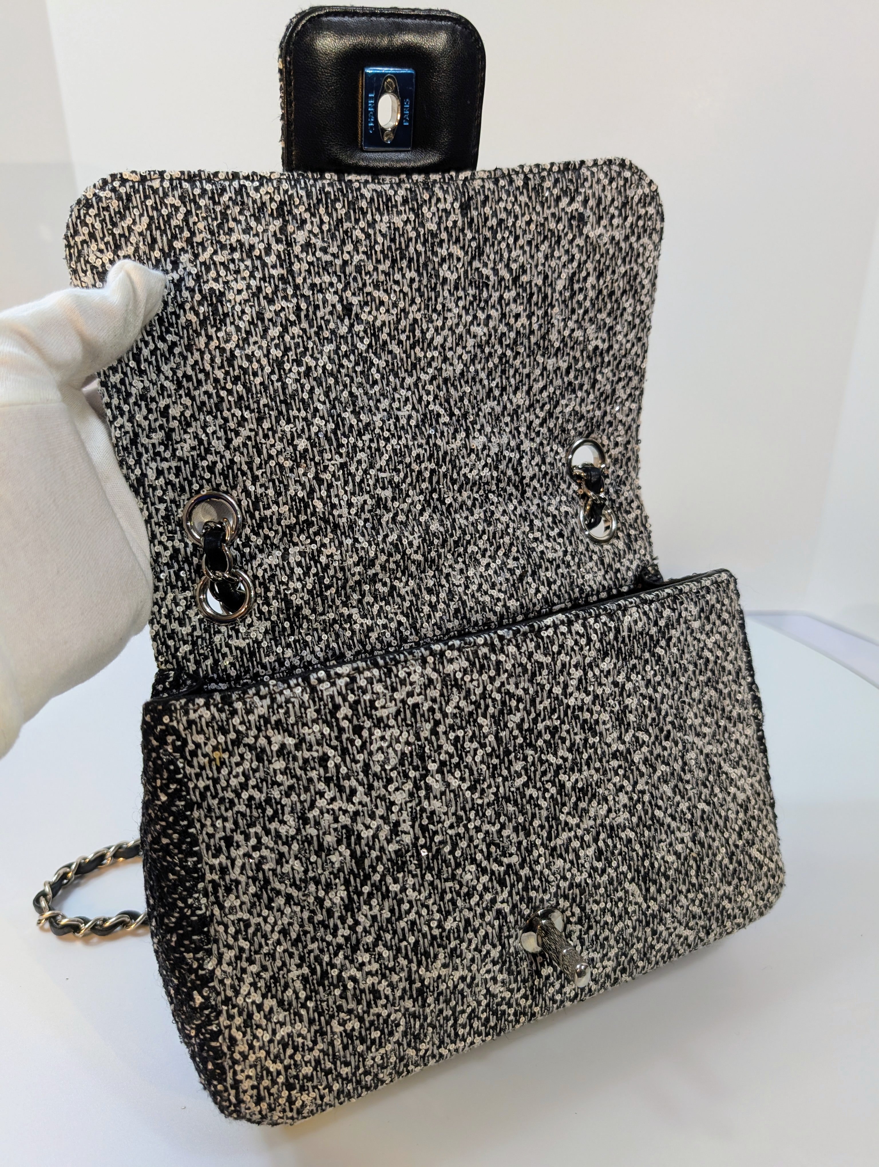 Chanel Classic Black and White Tweed Sequined Elementary Chic Flap Bag