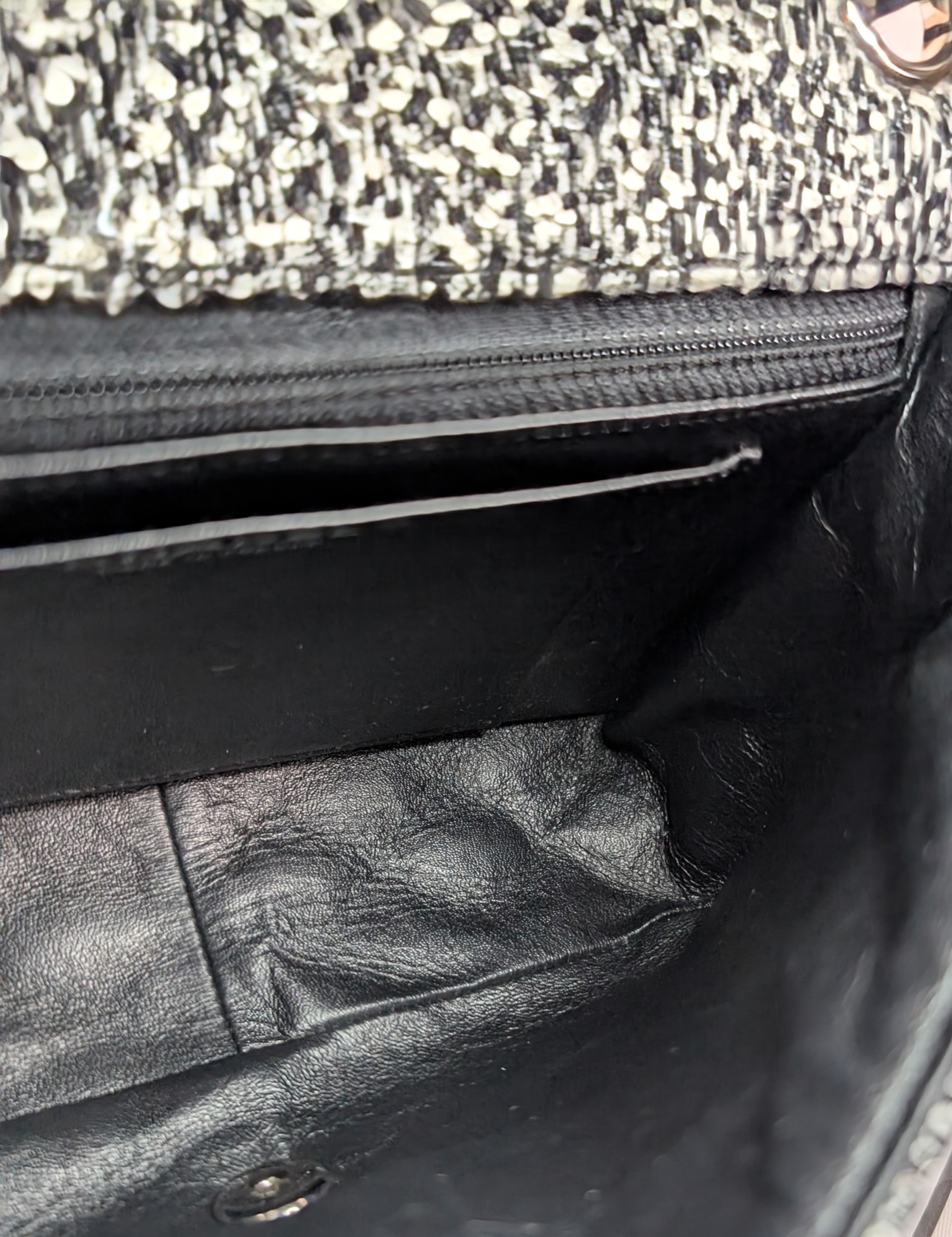 Chanel Classic Black and White Tweed Sequined Elementary Chic Flap Bag