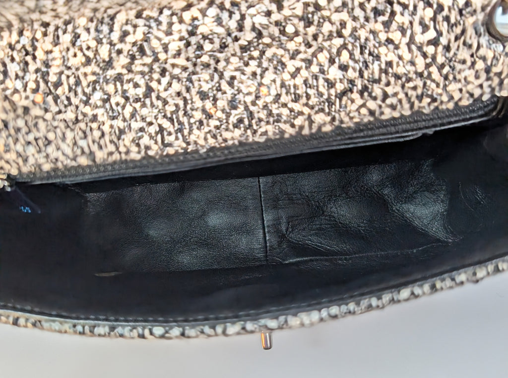 Chanel Classic Black and White Tweed Sequined Elementary Chic Flap Bag