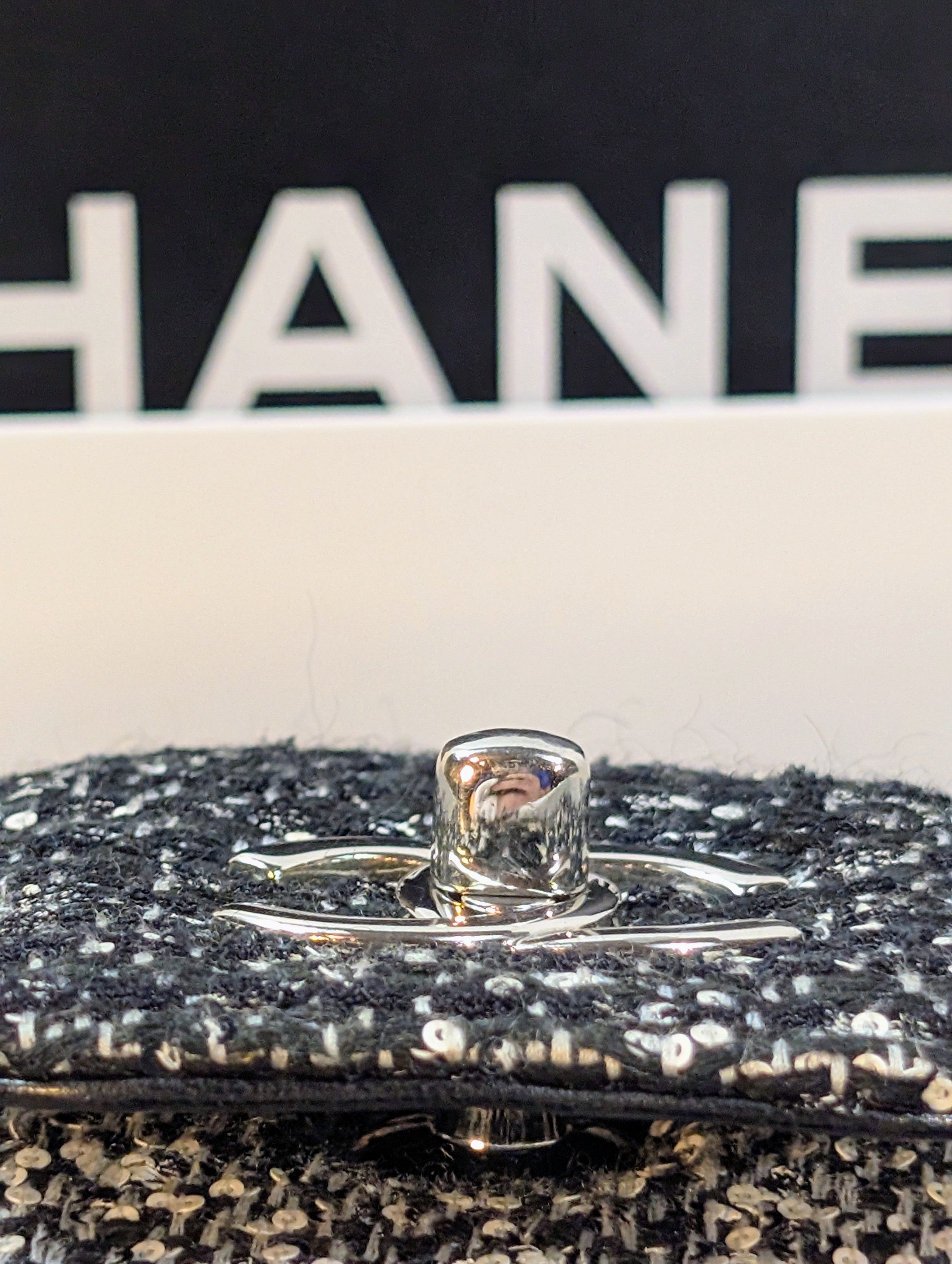 Chanel Classic Black and White Tweed Sequined Elementary Chic Flap Bag