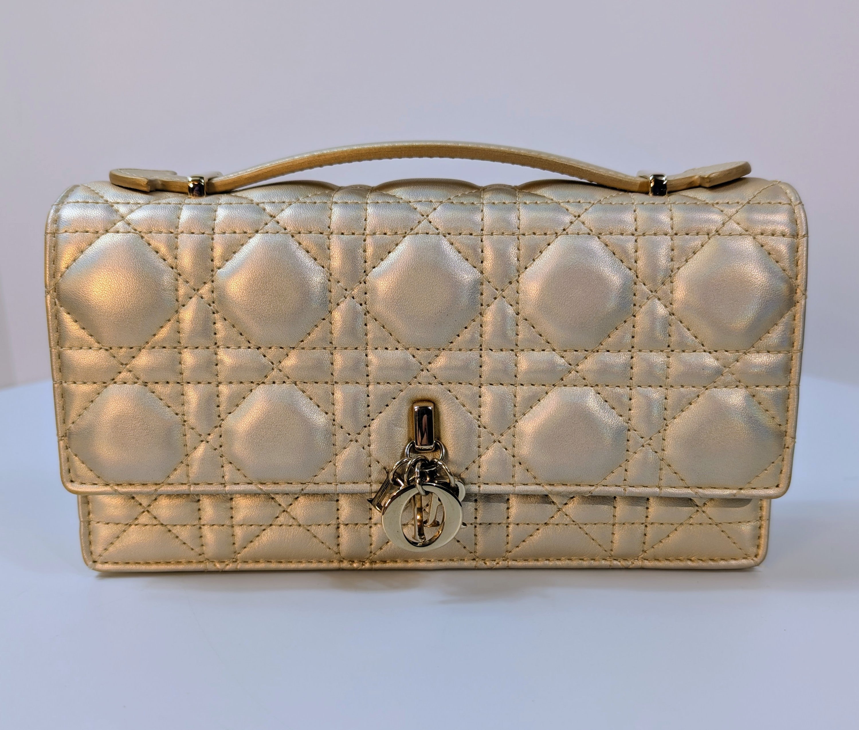 Dior “My Dior” Mini-Bag with Gold Metallic Cannage Embroidered Golden Pearl Chain