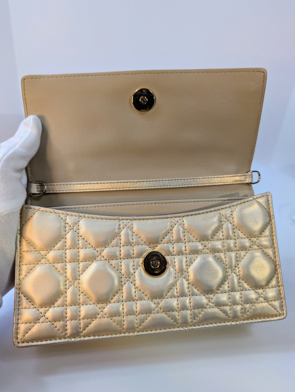 Dior “My Dior” Mini-Bag with Gold Metallic Cannage Embroidered Golden Pearl Chain