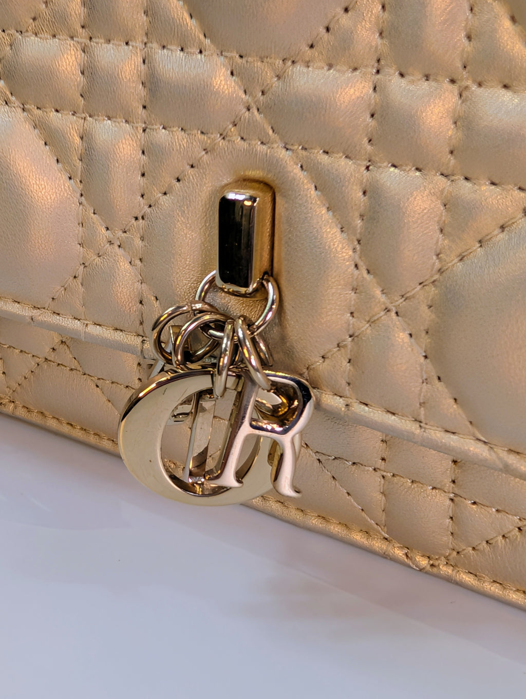 Dior “My Dior” Mini-Bag with Gold Metallic Cannage Embroidered Golden Pearl Chain