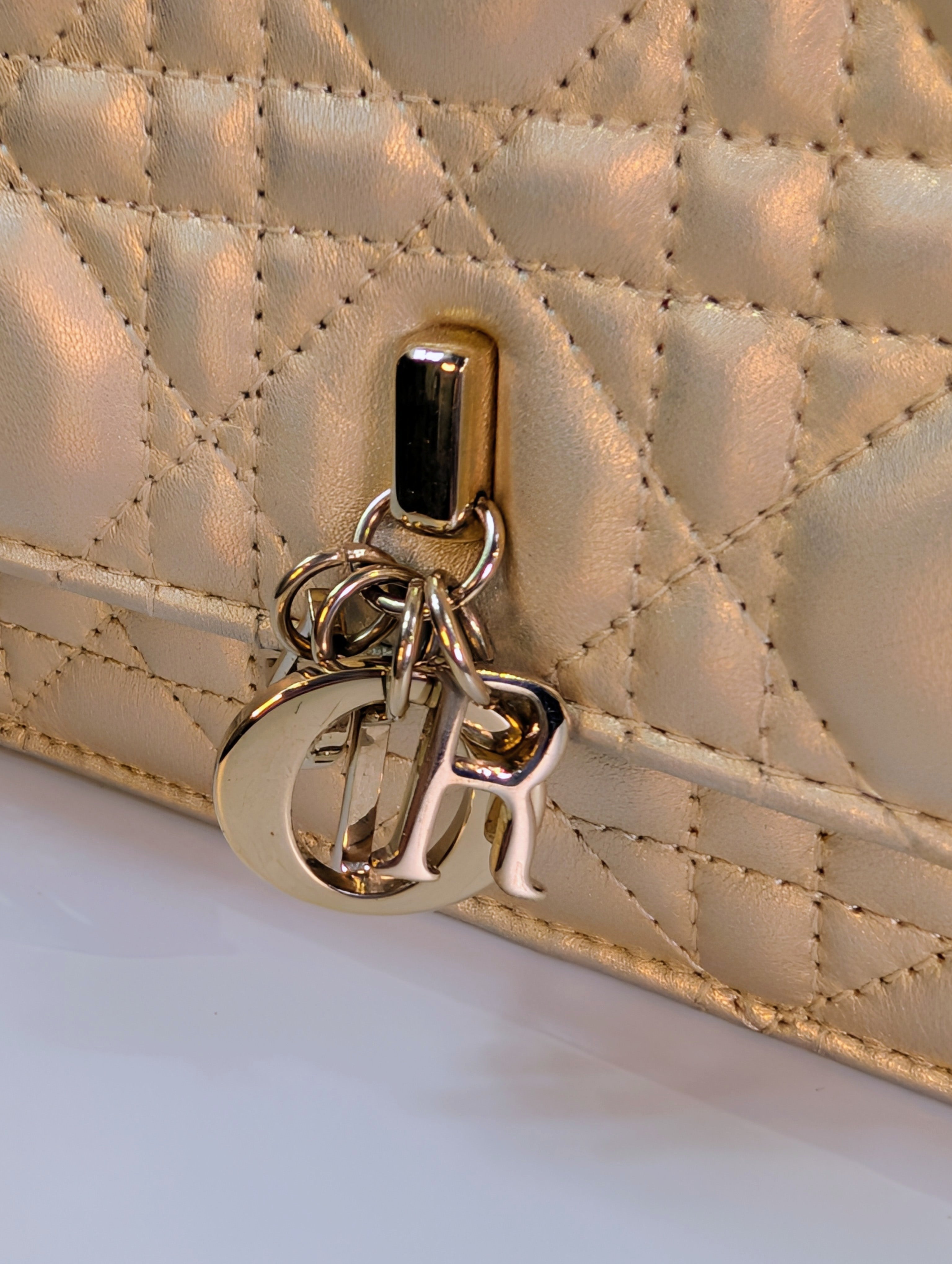 Dior “My Dior” Mini-Bag with Gold Metallic Cannage Embroidered Golden Pearl Chain