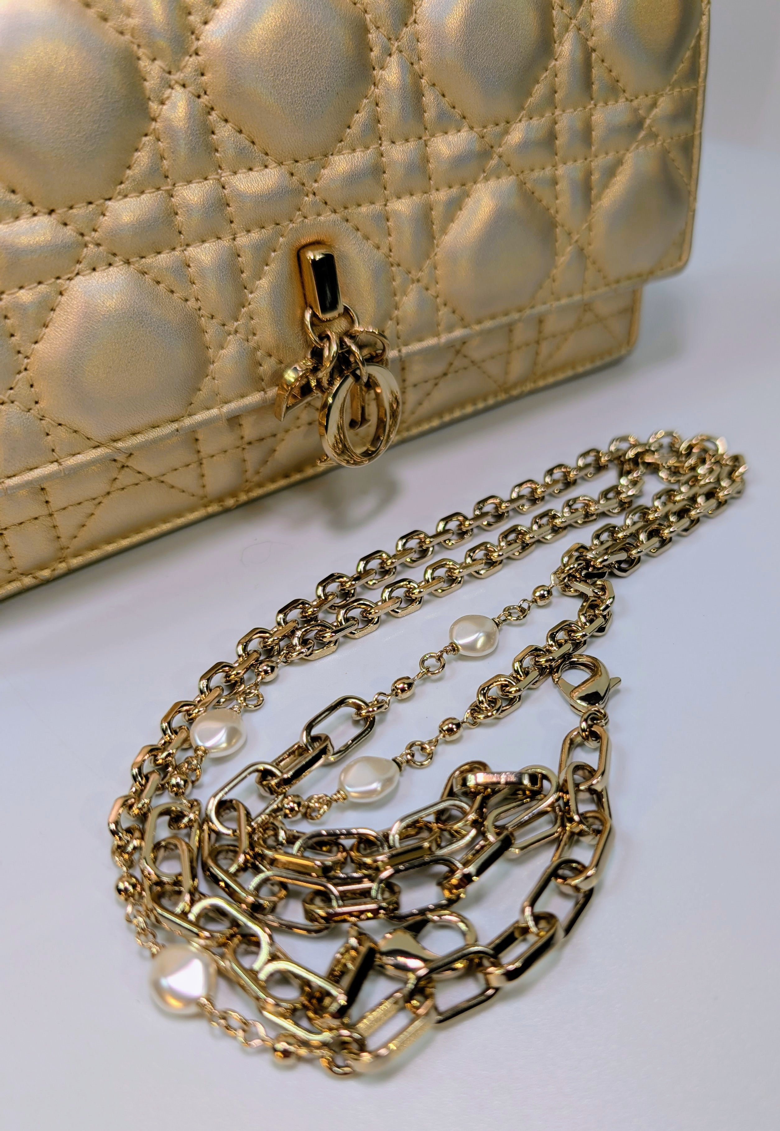 Dior “My Dior” Mini-Bag with Gold Metallic Cannage Embroidered Golden Pearl Chain