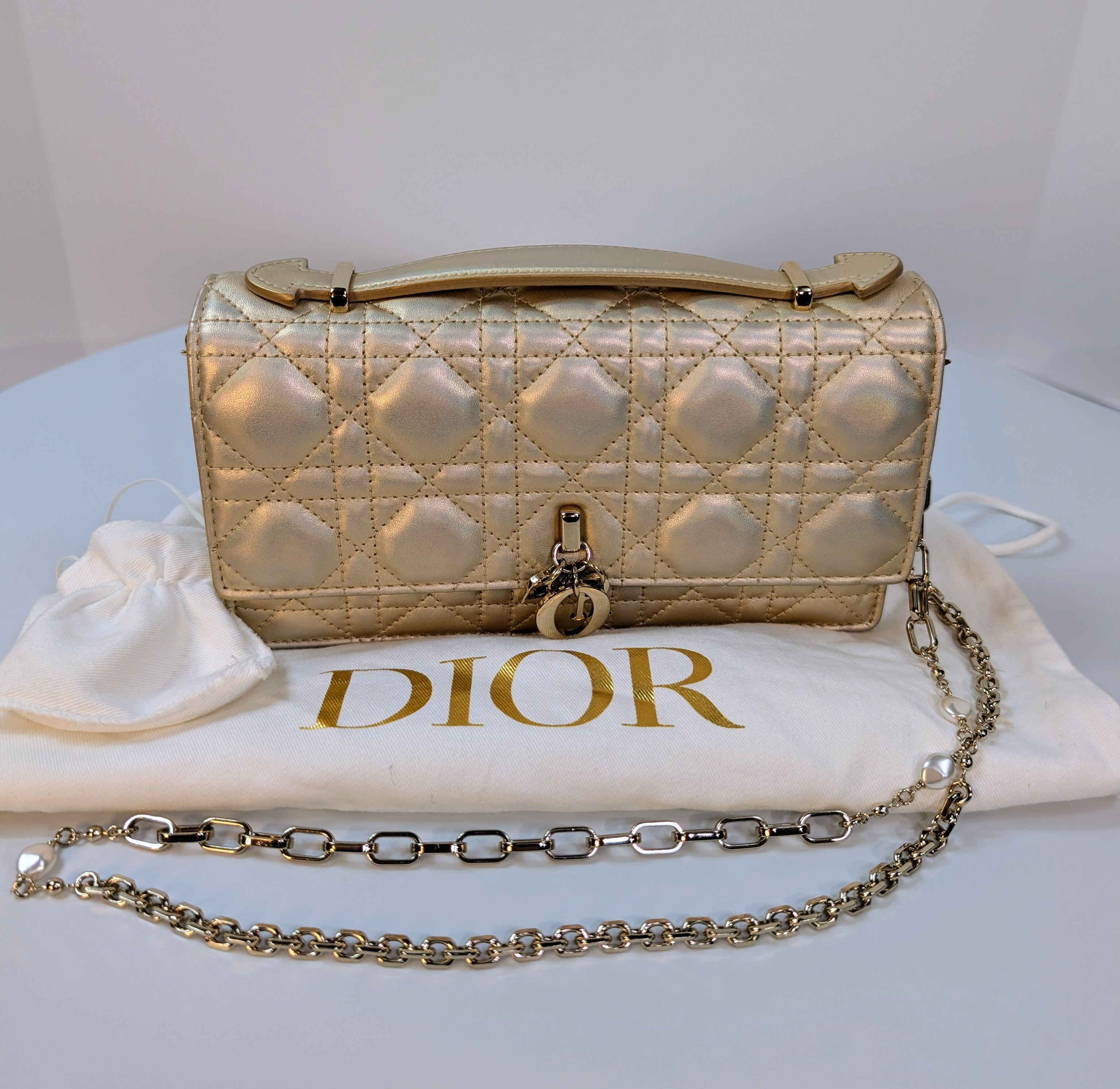 Dior “My Dior” Mini-Bag with Gold Metallic Cannage Embroidered Golden Pearl Chain