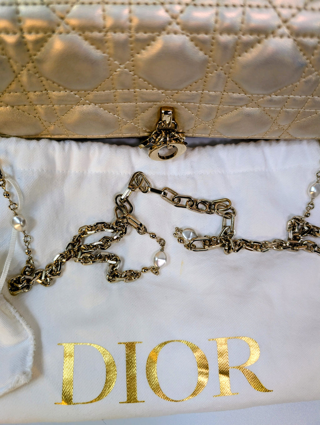Dior “My Dior” Mini-Bag with Gold Metallic Cannage Embroidered Golden Pearl Chain