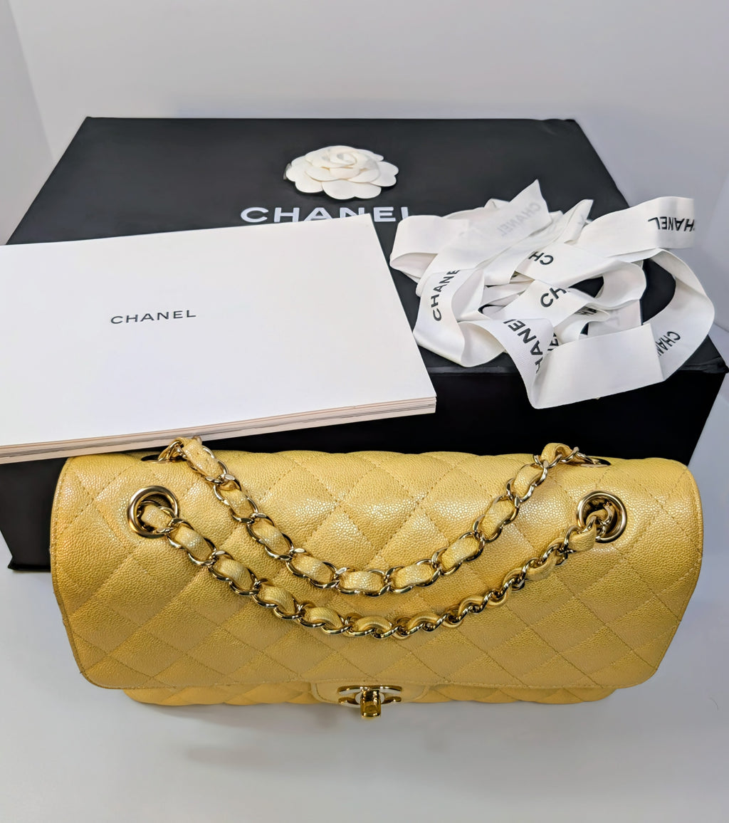 Chanel Iridescent Yellow Caviar Medium Classic Double Flap Bag