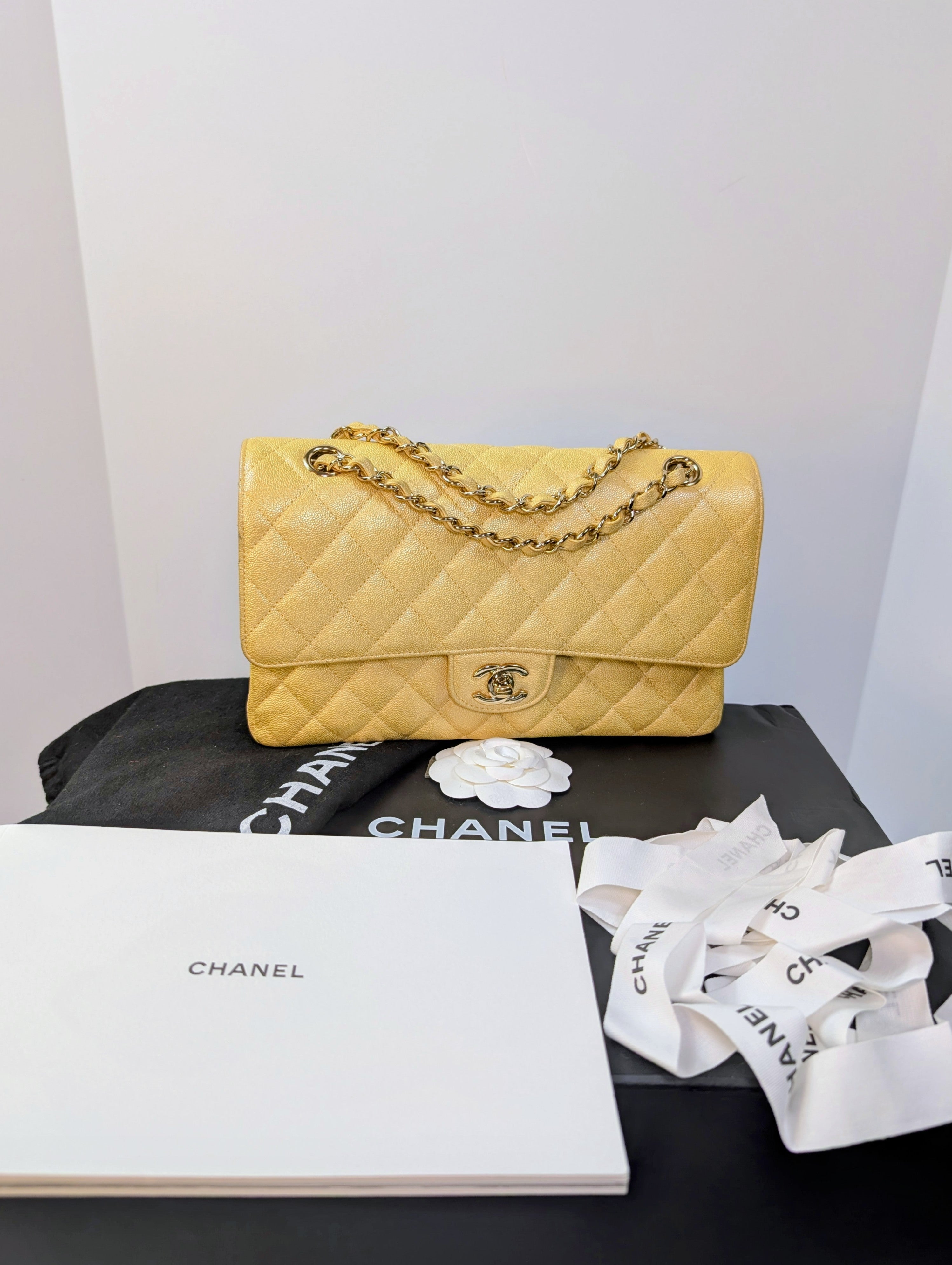 Chanel Iridescent Yellow Caviar Medium Classic Double Flap Bag