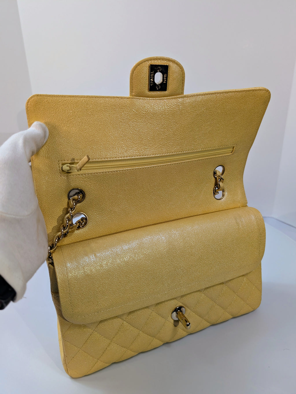 Chanel Iridescent Yellow Caviar Medium Classic Double Flap Bag