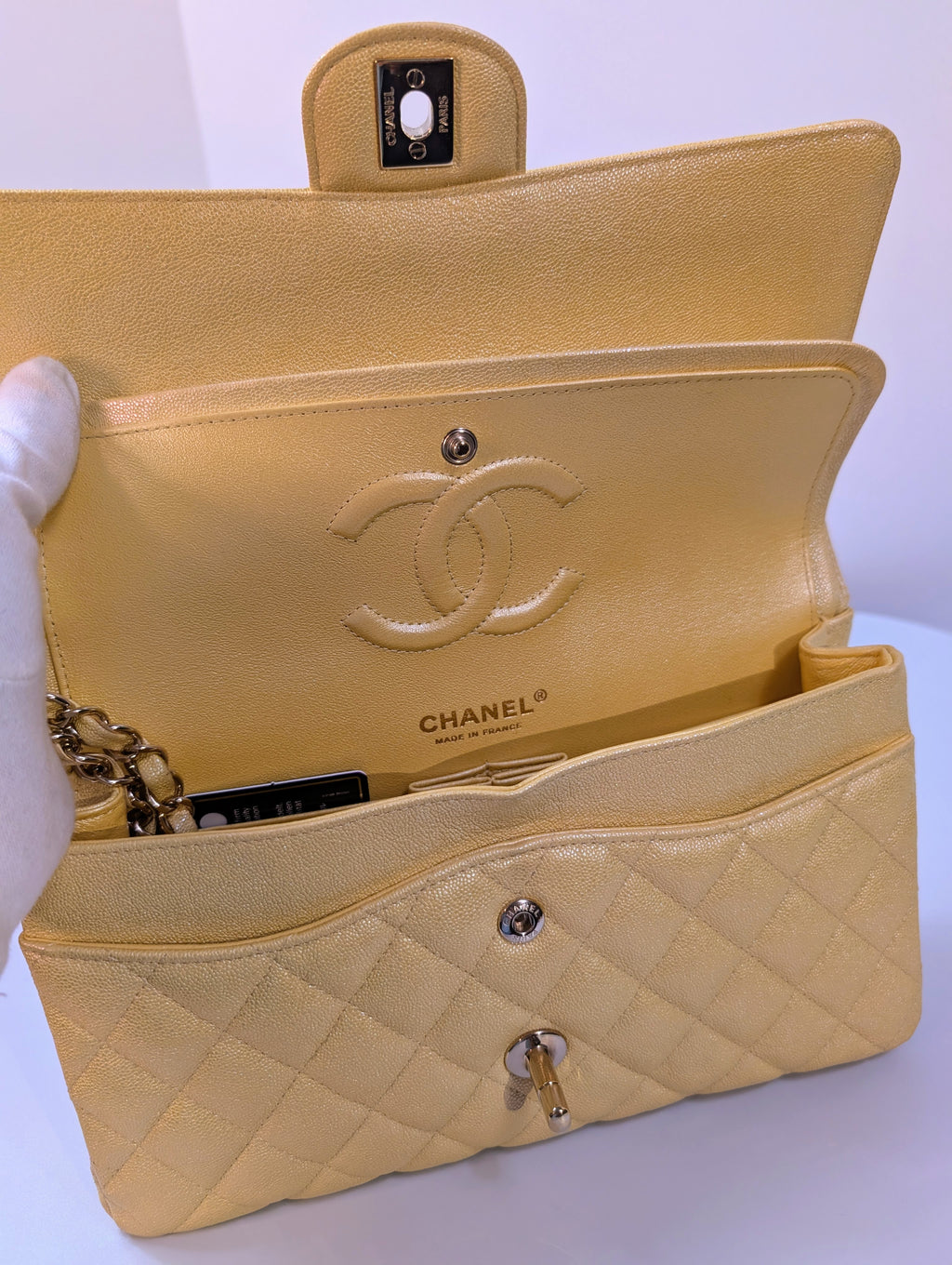 Chanel Iridescent Yellow Caviar Medium Classic Double Flap Bag