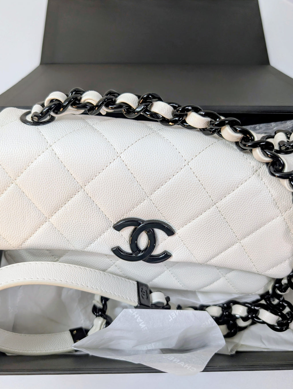 Chanel Limited-Edition Pearlized White MyEverything Caviar Mini-Flap with Black Hardware