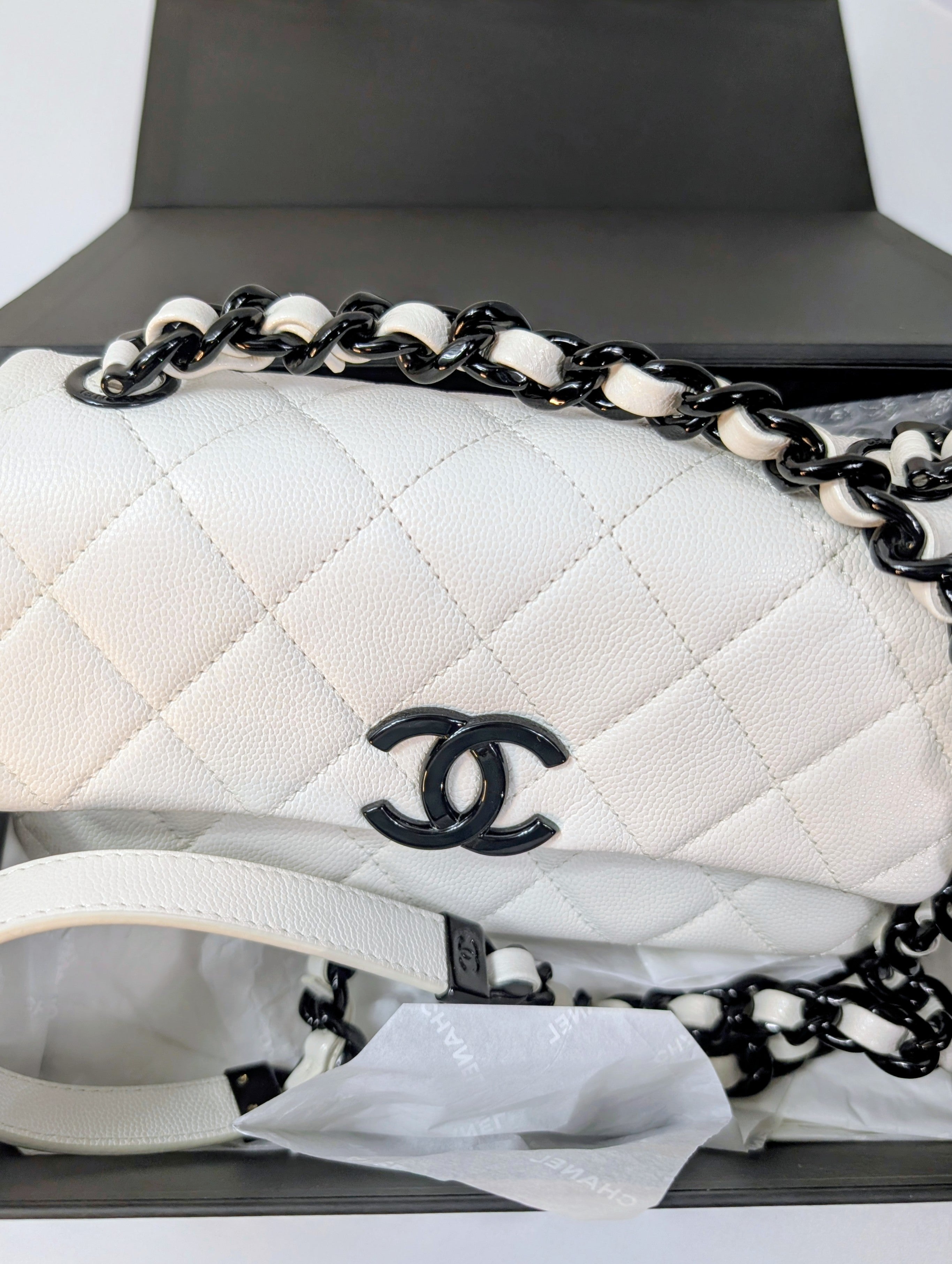 Chanel Limited-Edition Pearlized White MyEverything Caviar Mini-Flap with Black Hardware