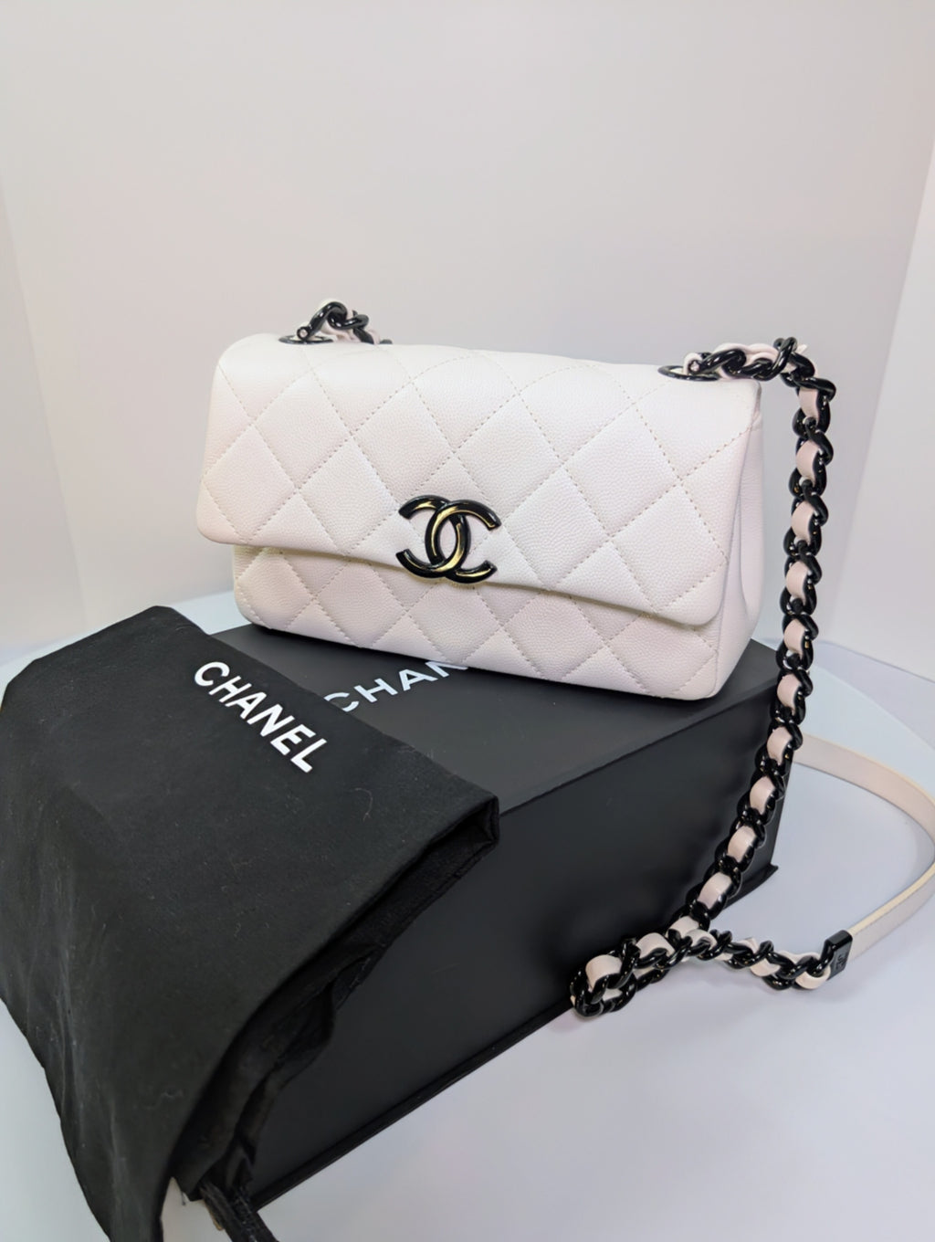 Chanel Limited-Edition Pearlized White MyEverything Caviar Mini-Flap with Black Hardware