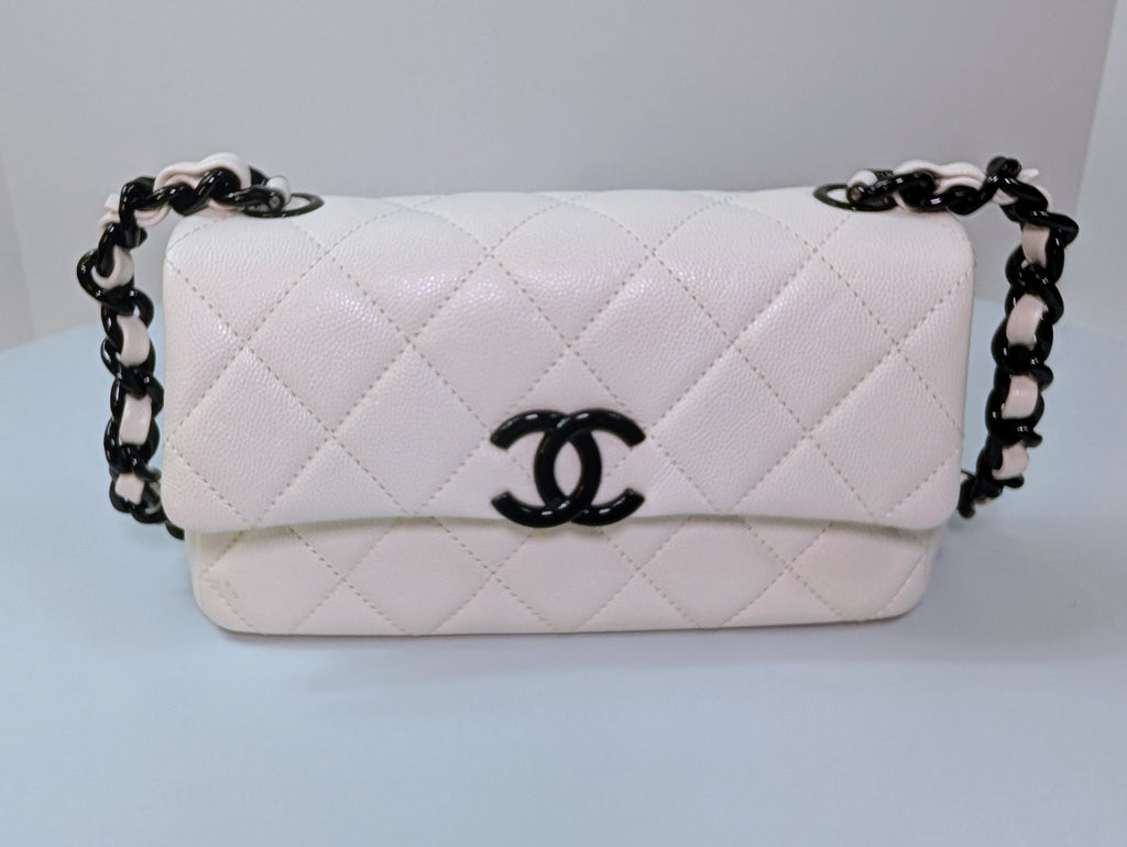 Chanel Limited-Edition Pearlized White MyEverything Caviar Mini-Flap with Black Hardware