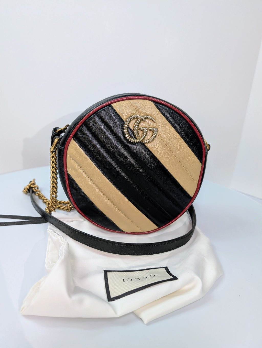 Gucci Beige and Black GG Marmont Round Mini Bag