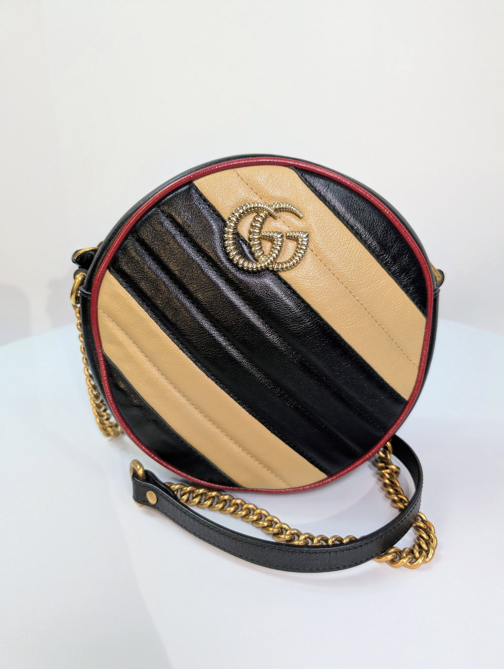 Gucci Beige and Black GG Marmont Round Mini Bag