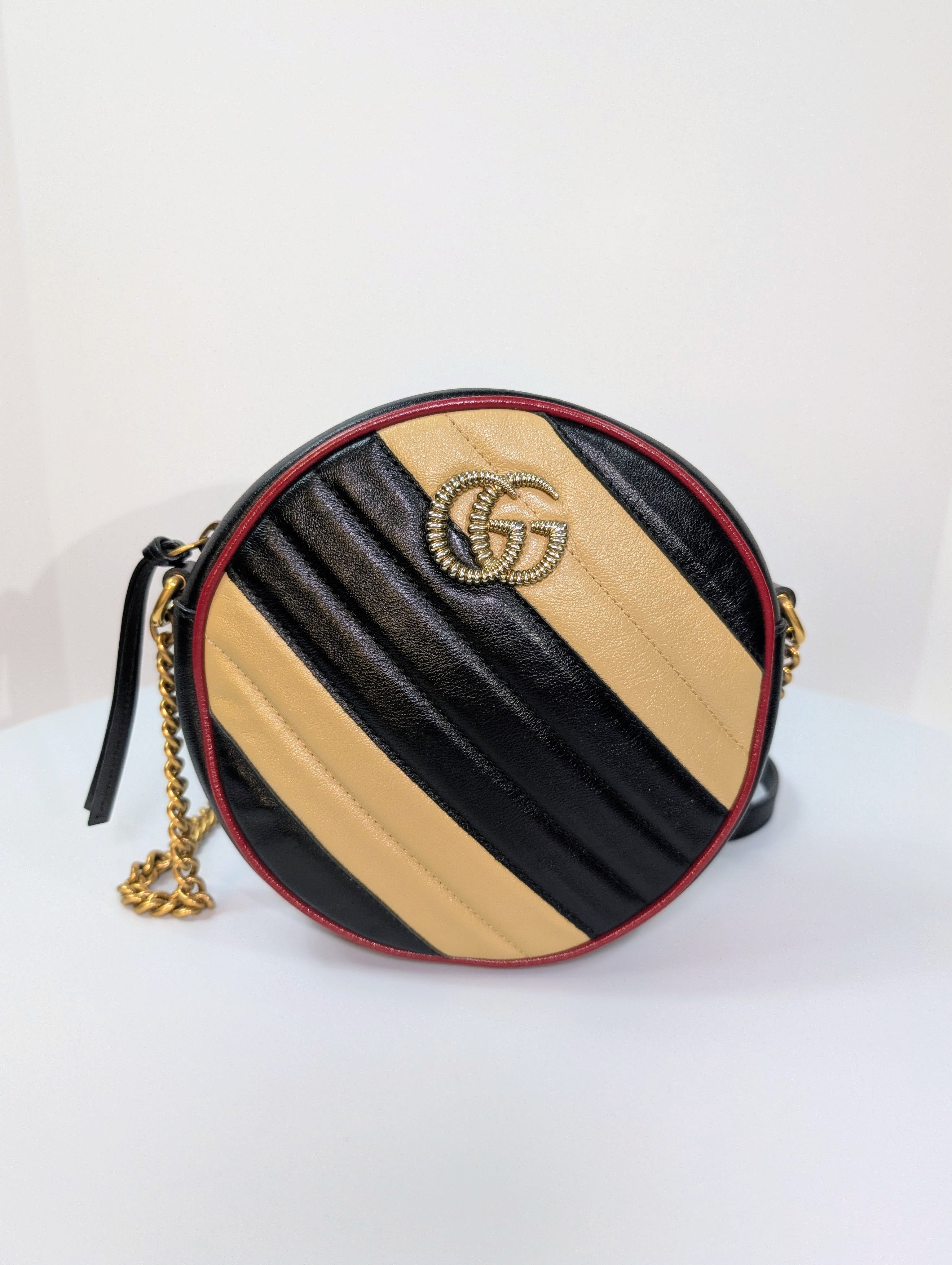 Gucci Beige and Black GG Marmont Round Mini Bag