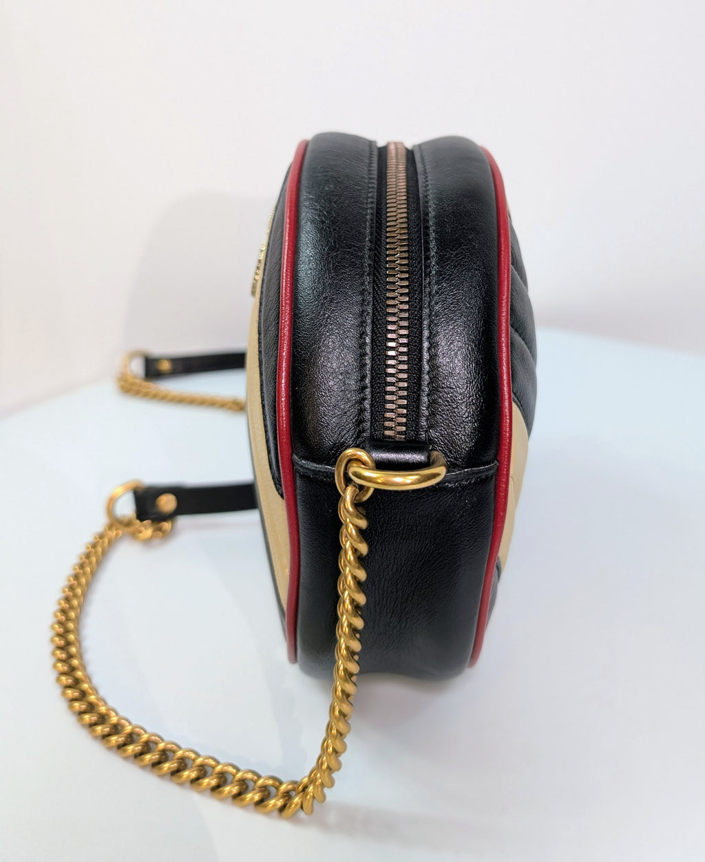Gucci Beige and Black GG Marmont Round Mini Bag