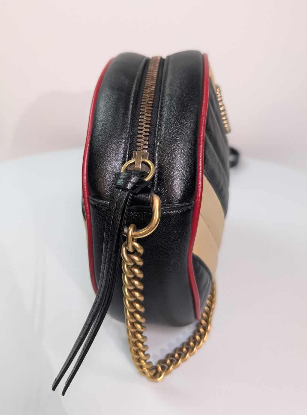 Gucci Beige and Black GG Marmont Round Mini Bag