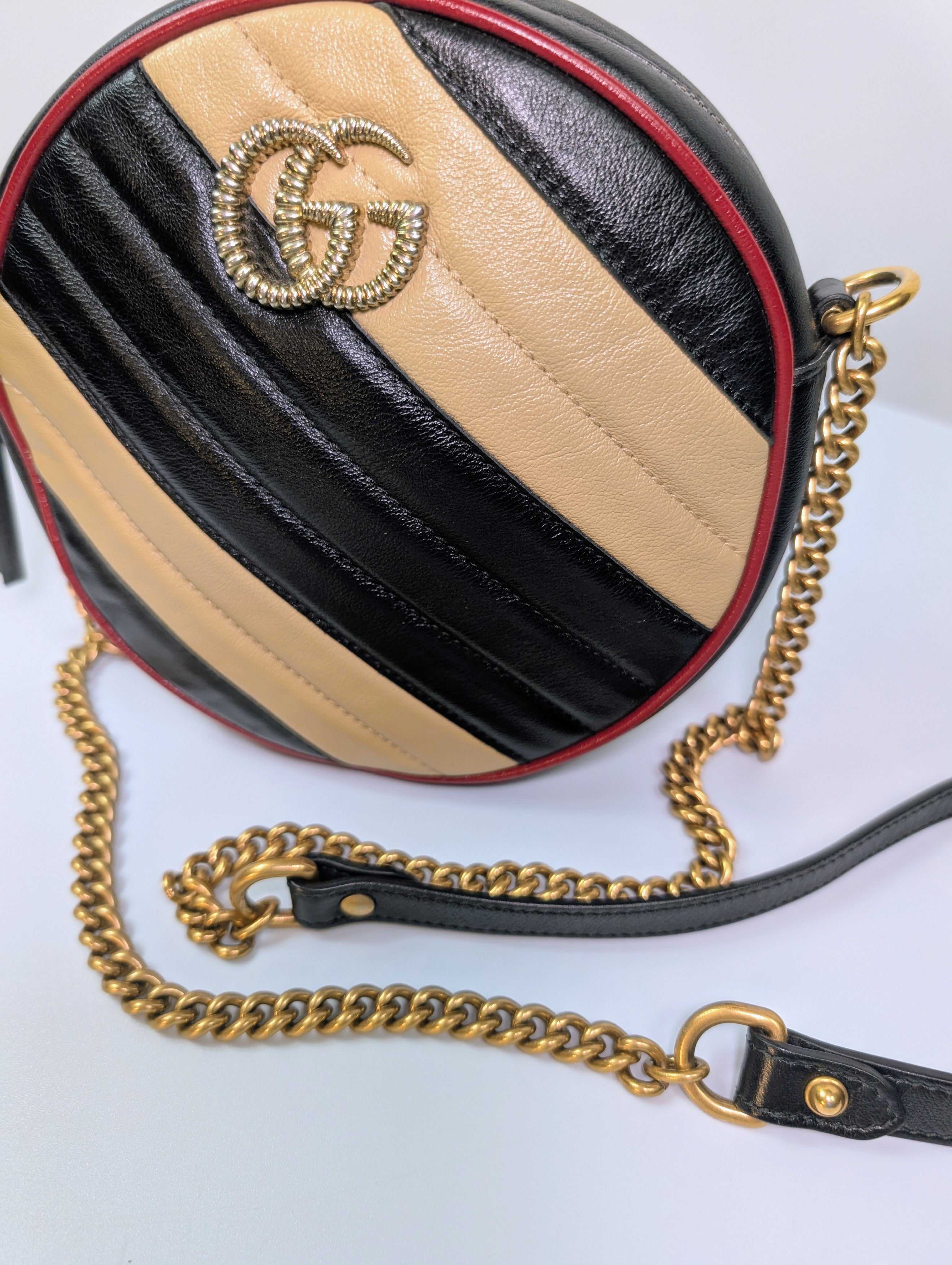 Gucci Beige and Black GG Marmont Round Mini Bag