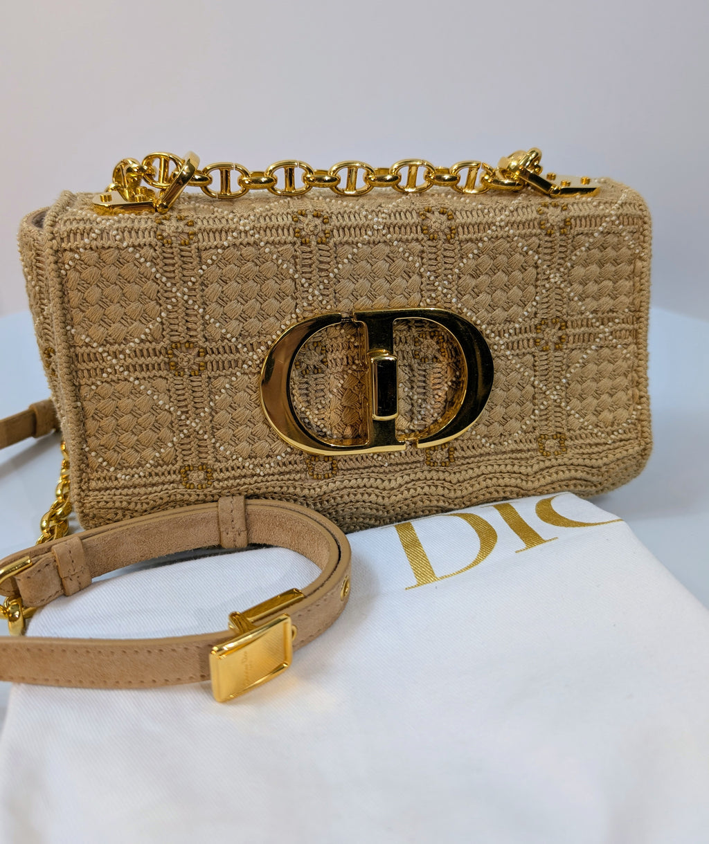 Christian Dior Natural Straw Raffia Woven Cannage Small Caro Flap Shoulder Bag
