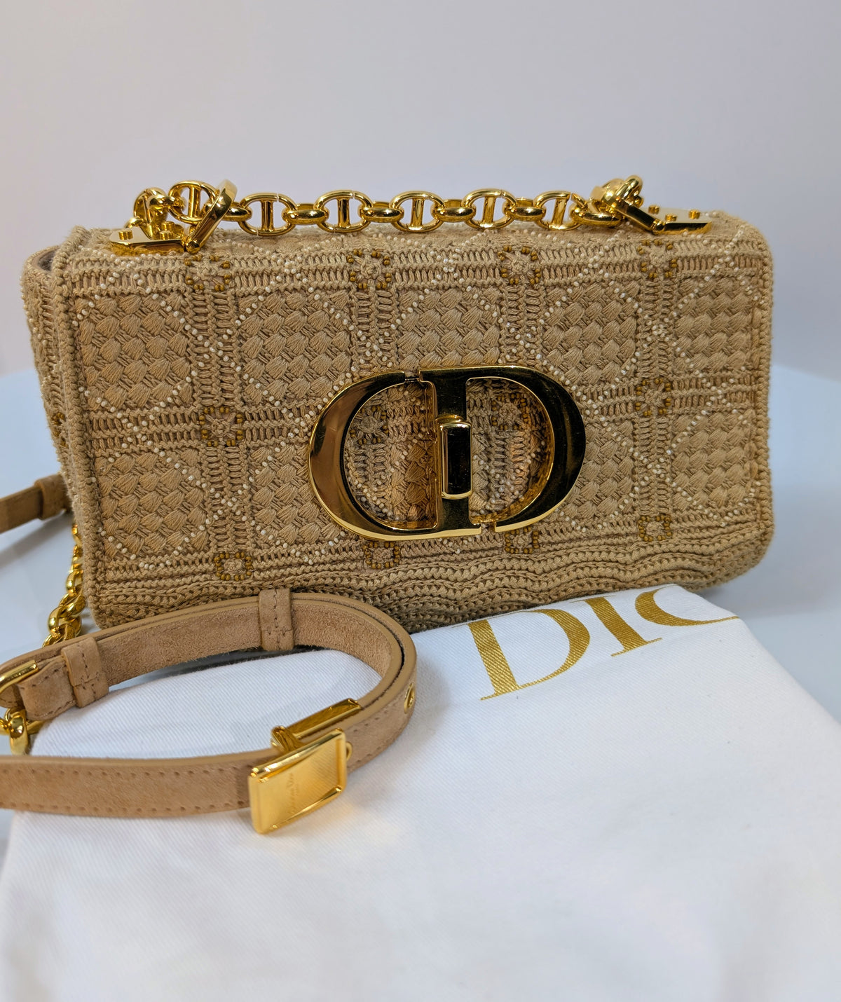 Christian Dior Natural Straw Raffia Woven Cannage Small Caro Flap Shoulder Bag