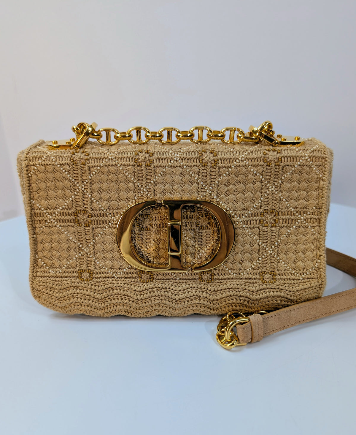 Christian Dior Natural Straw Raffia Woven Cannage Small Caro Flap Shoulder Bag